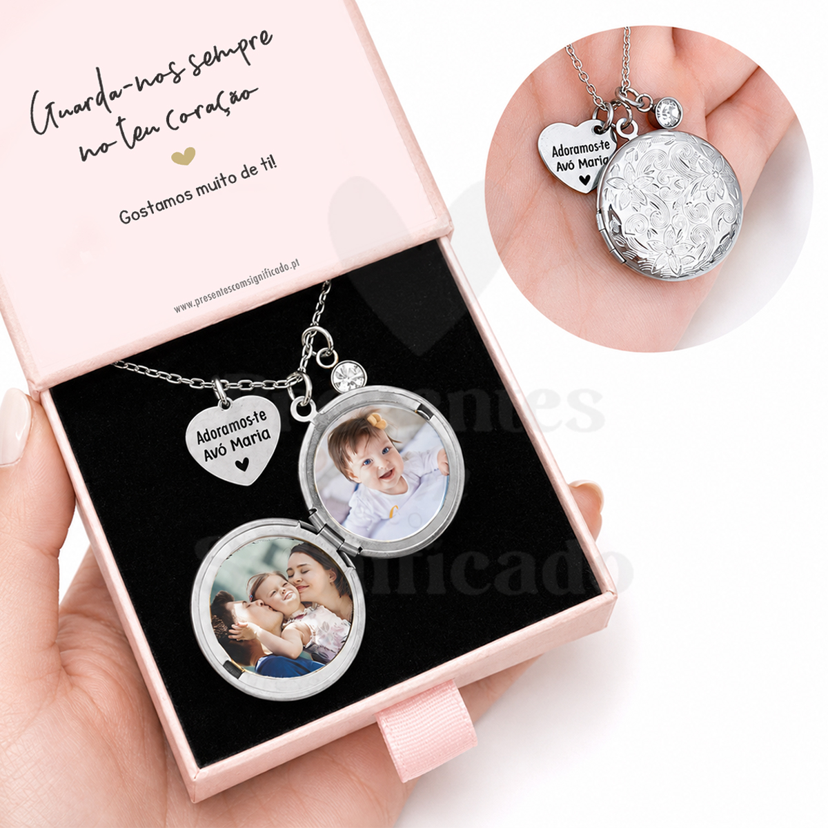 Colar aço inox. medalhão redondo floral Colar prateado com medalhão redondo e pingente em forma de coração dentro de caixa rosa.