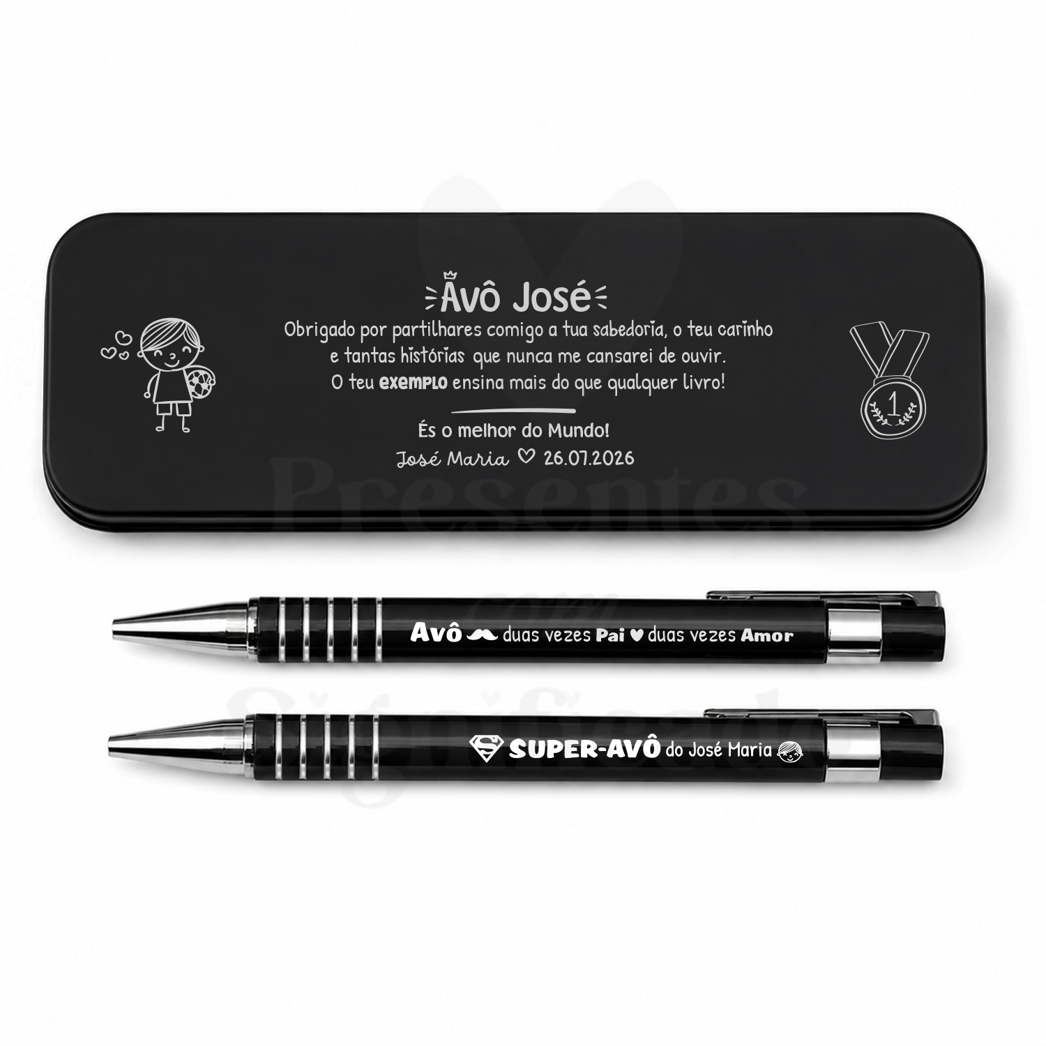 Estojo c/ caneta e lapiseira Estojo preto com mensagem para avô e duas canetas pretas com mensagens personalizadas