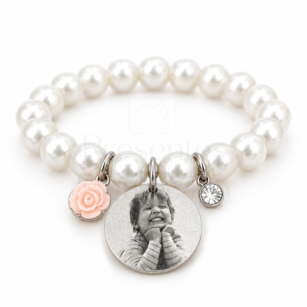 Pulseira de pérolas com foto-gravação Pulseira de pérolas brancas com medalha personalizada com foto de criança e pendentes decorativos