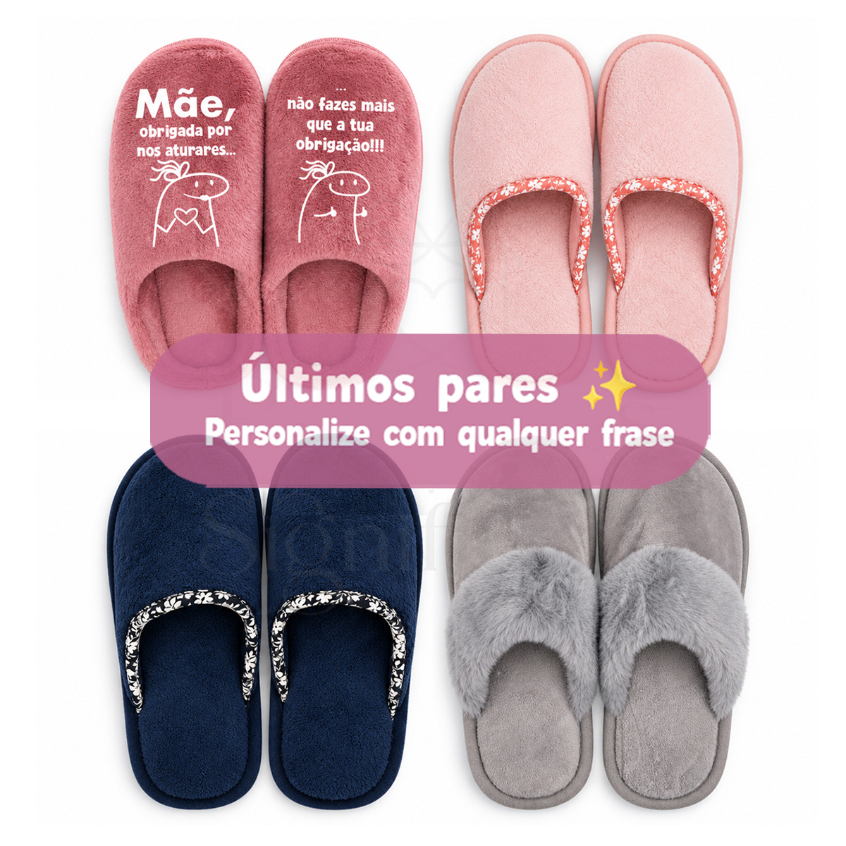 Chinelos personalizados de mulher — Últimos pares Quatro pares de chinelos de casa de várias cores com texto promocional