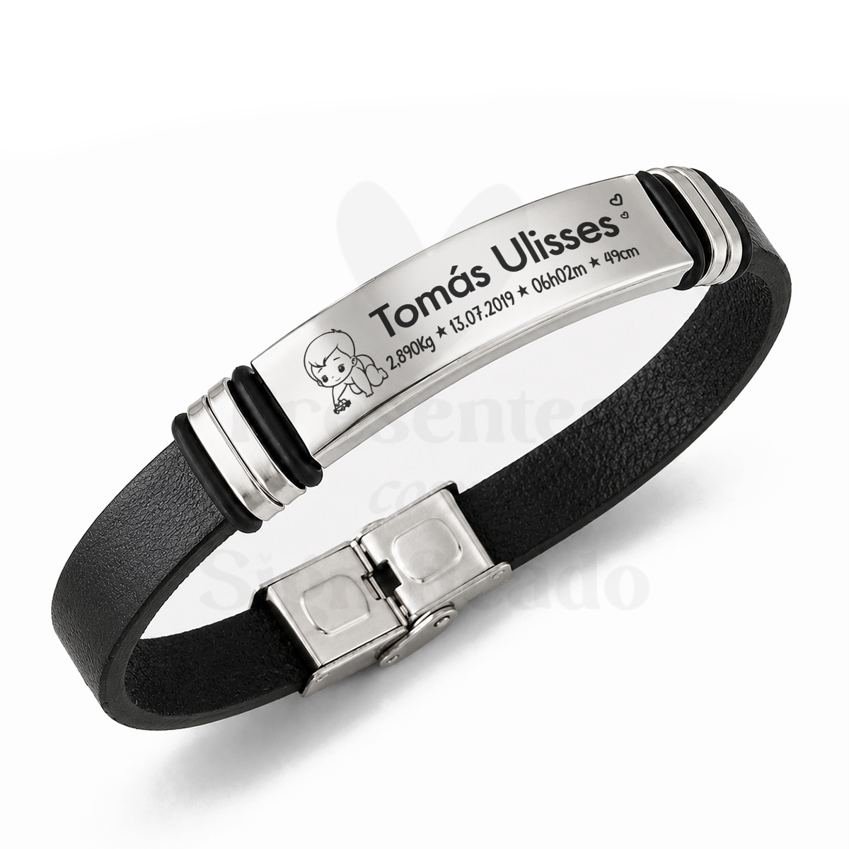 Pulseira masculina em couro e aço (preto) Pulseira de couro preta com placa metálica prateada gravada com nome e dados de nascimento