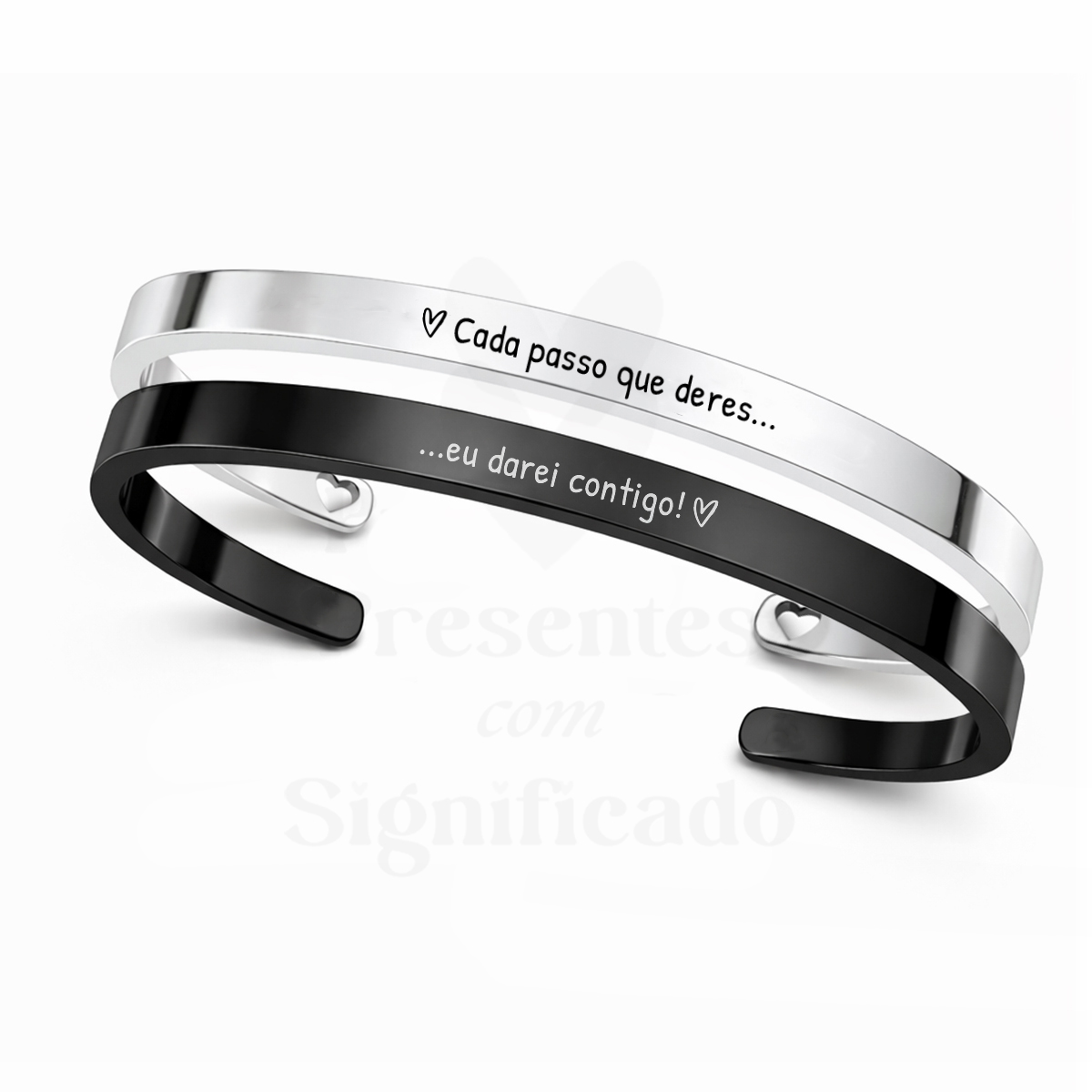 Conjunto de escravas para casal Braceletes metálicos prateado e preto com inscrições em português e corações