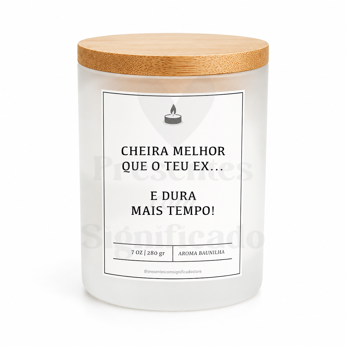 Vela de baunilha "Cheira melhor que o teu Ex... e dura mais tempo!" Vela perfumada com tampa de madeira e etiqueta de texto