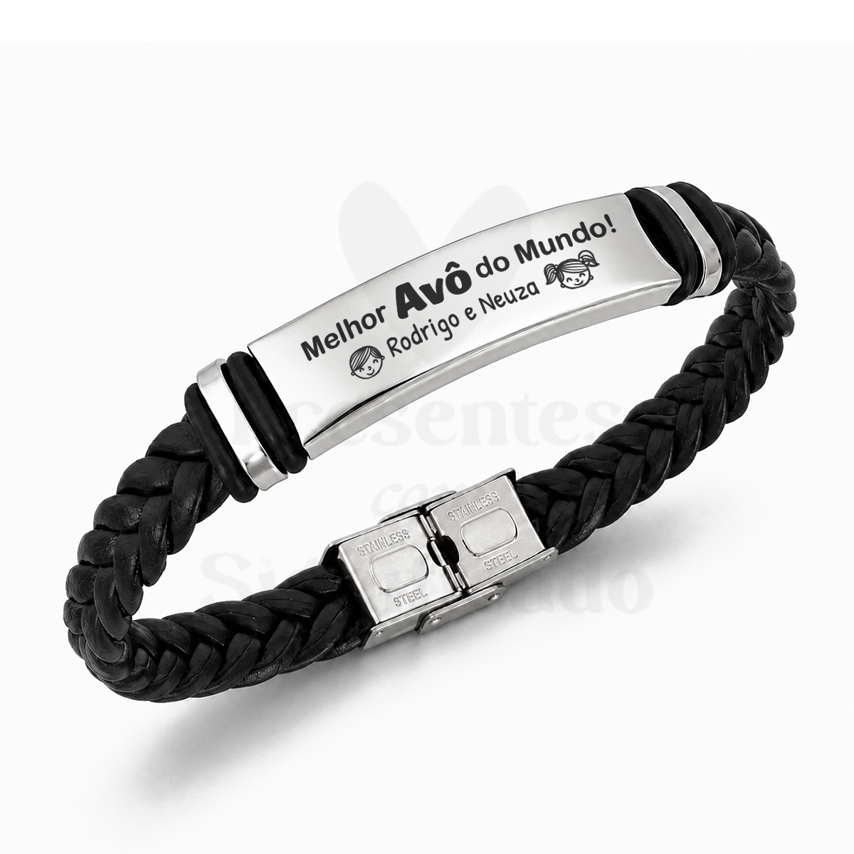 Pulseira masculina em couro e aço (preta) Pulseira preta com placa metálica gravada Melhor Avô do Mundo! Rodrigo e Neuza