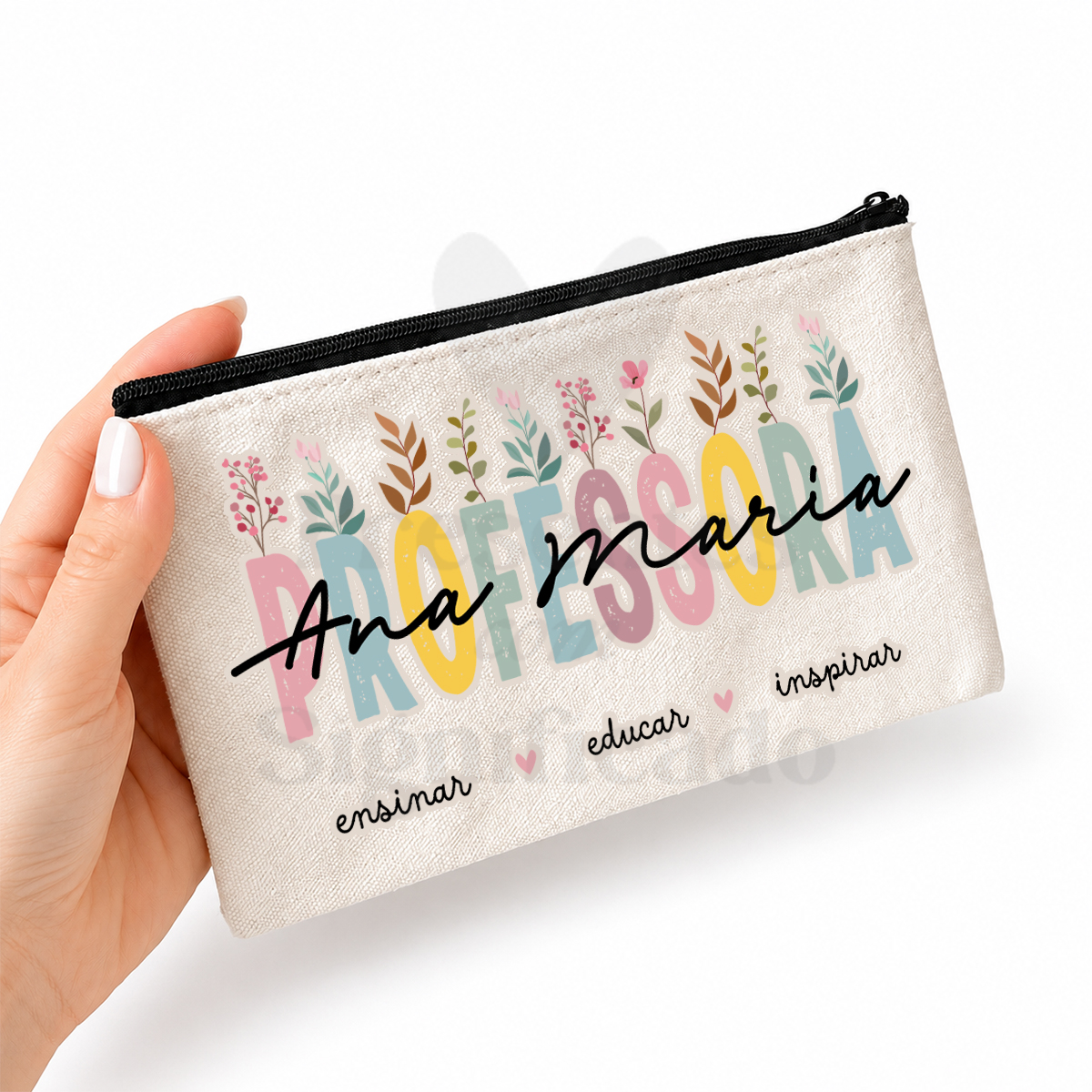 Bolsa de tecido "Professora/Educadora/Auxiliar" Estojo de tecido bege com zipper preto e decoração colorida para professora
