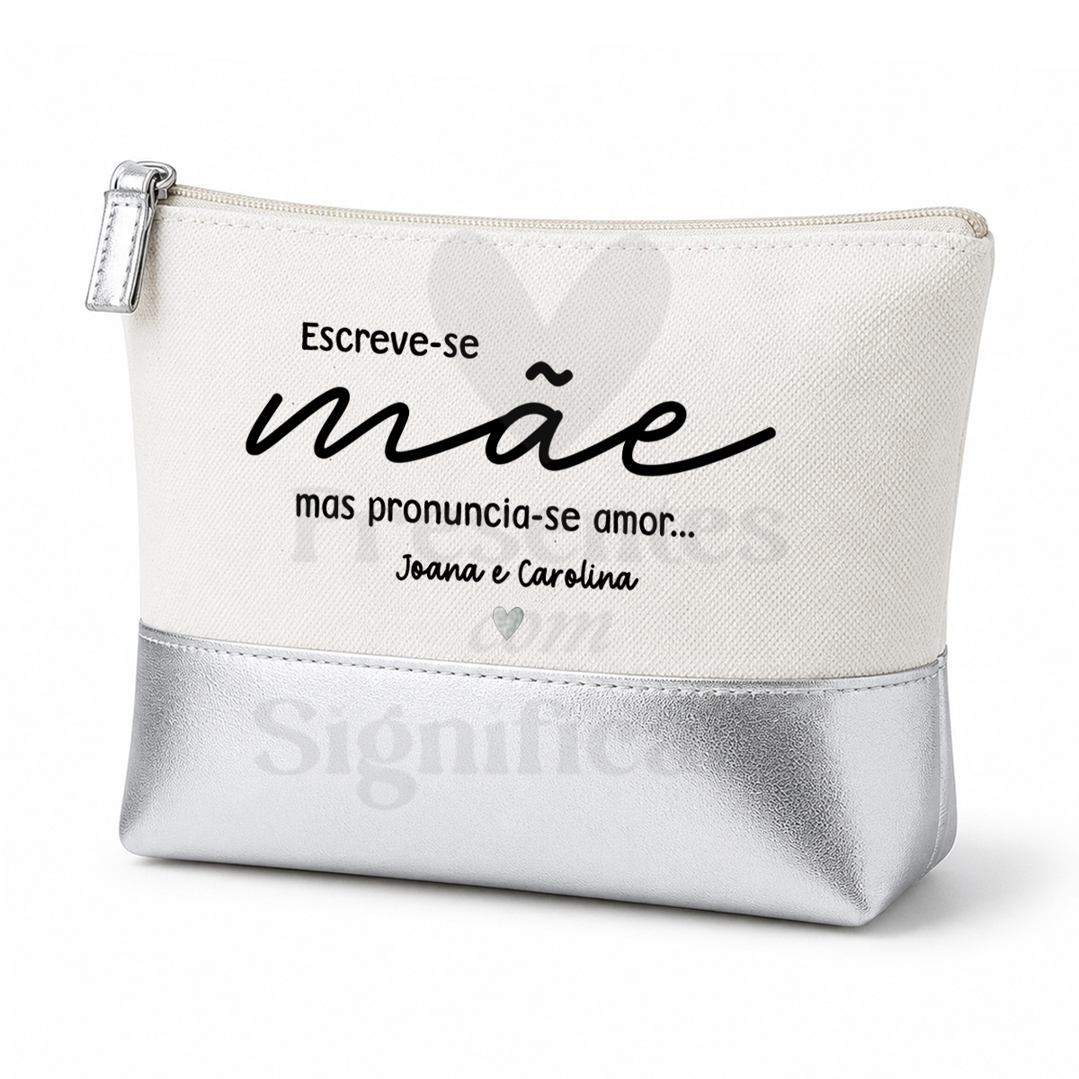 Necessaire algodão c/ base prateada Necessaire branca e prateada com texto em português