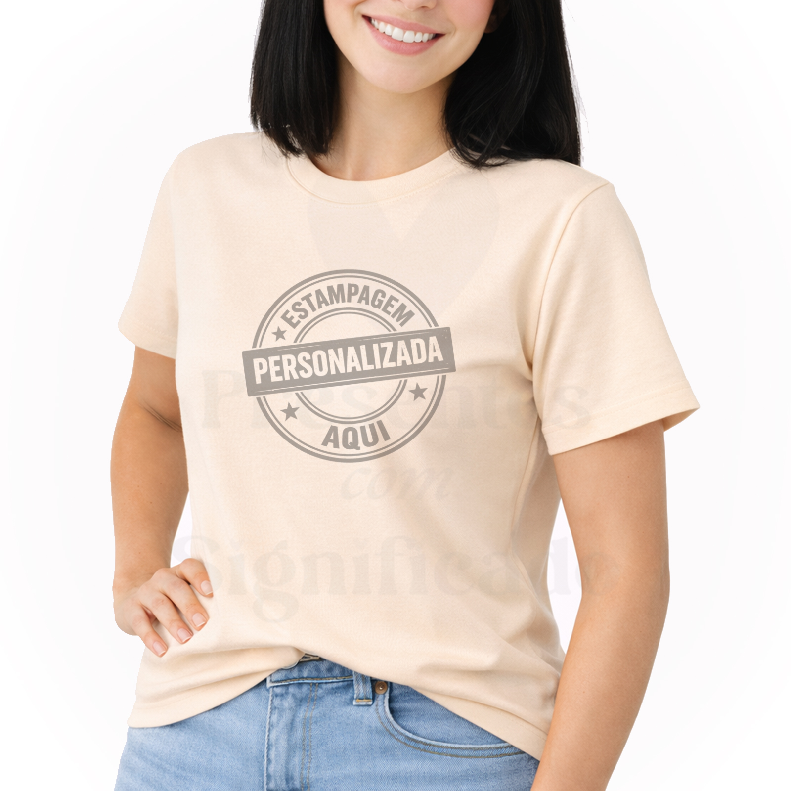 T-shirt senhora personalizada T-shirt bege claro com estampa cinza PERSONALIZADA AQUI
