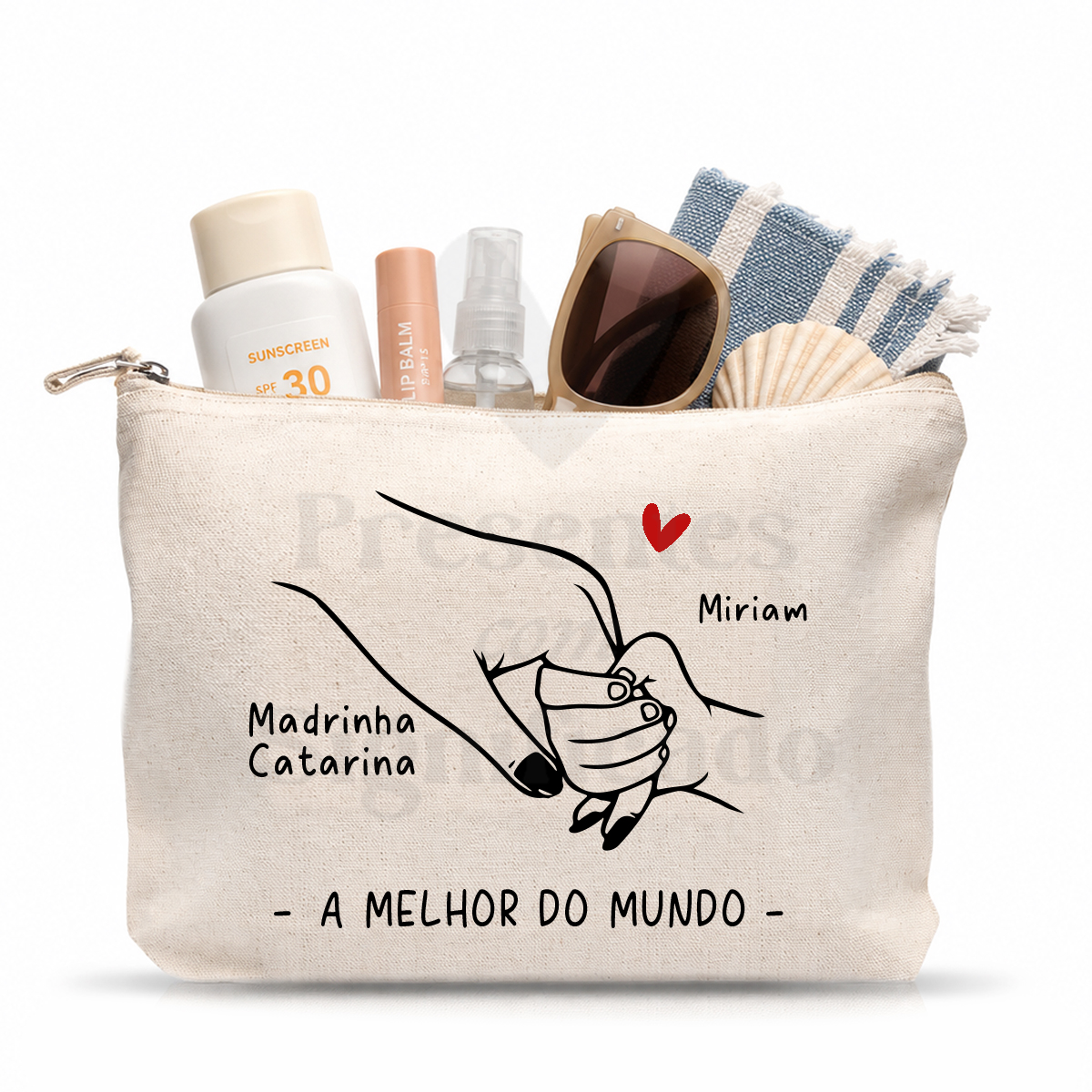 Bolsa de praia em algodão c/ texto Necessaire bege com desenho de mãos e texto em preto e vermelho