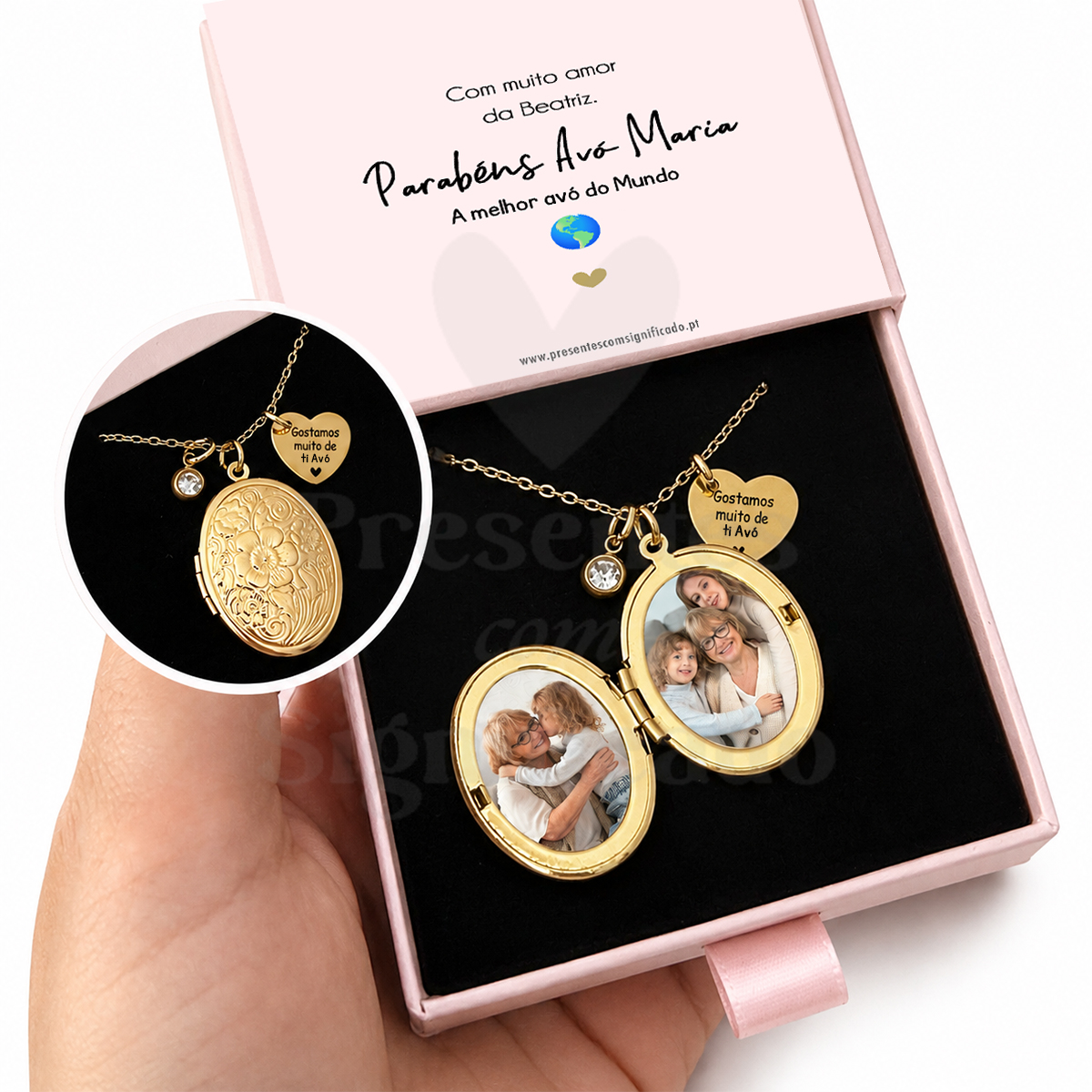 Colar aço inox. medalhão oval floral Colar medalhão dourado com pingente em formato de coração e caixa rosa com mensagem para avó