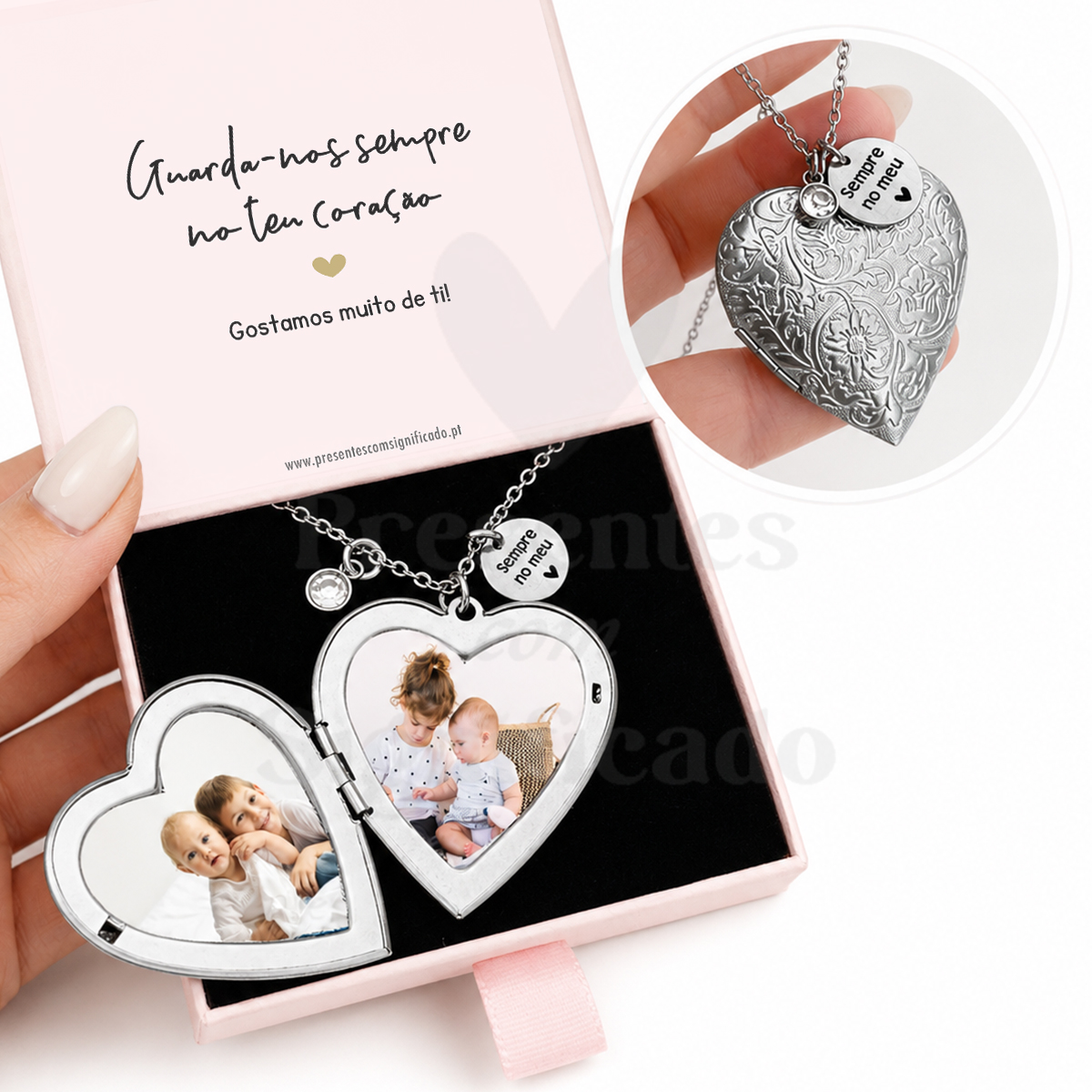 Colar aço inox. medalhão coração grande Colar com caixinha coração prateada e pendente redondo com texto, dentro de caixa rosa com mensagem