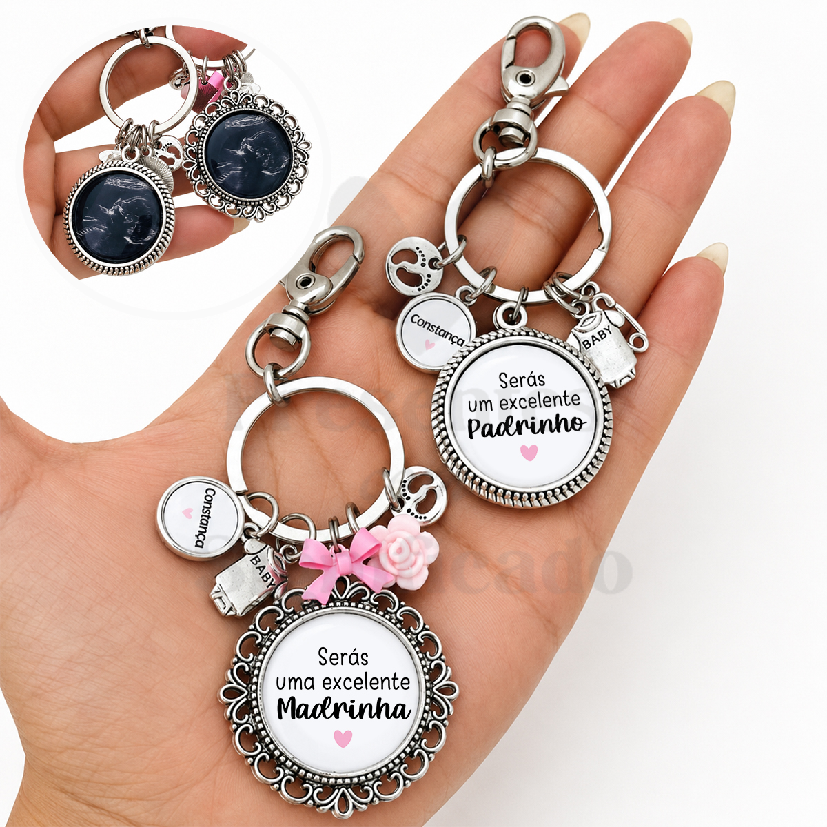 Convite para Padrinho e Madrinha (porta-chaves) Porta-chaves metálicos para padrinho e madrinha com pingentes e texto