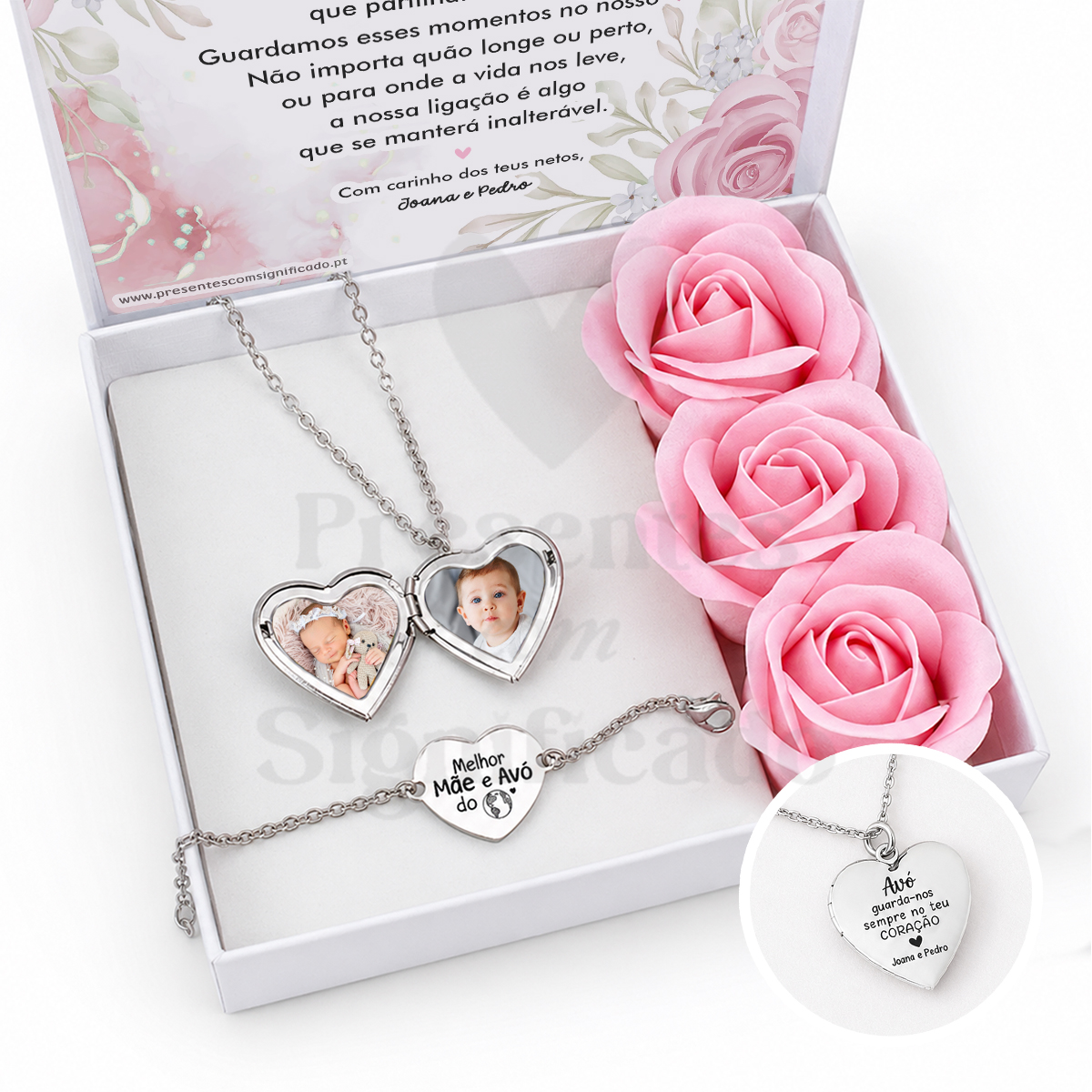 Gift box Feminina - Medalhão + pulseira Caixa branca com conjunto de joias prateadas em forma de coração com fotos e texto, com flores rosas artificiais