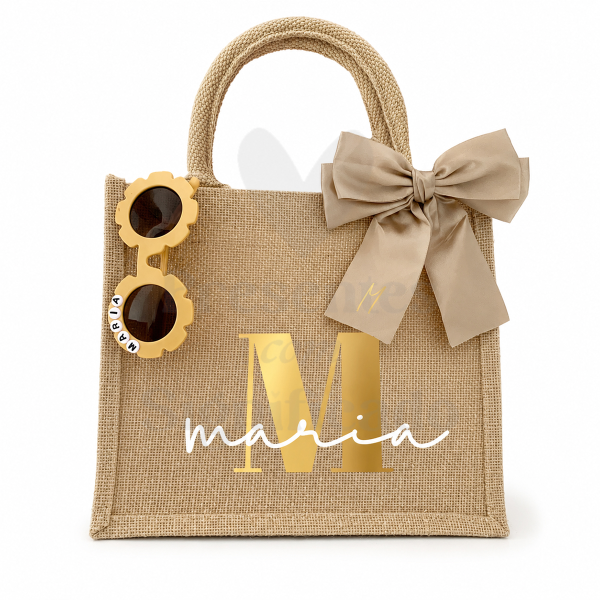 Kit Menina das alianças - Bege/dourado Mala de mão de ráfia bege com laço e óculos de sol amarelos em forma de flor