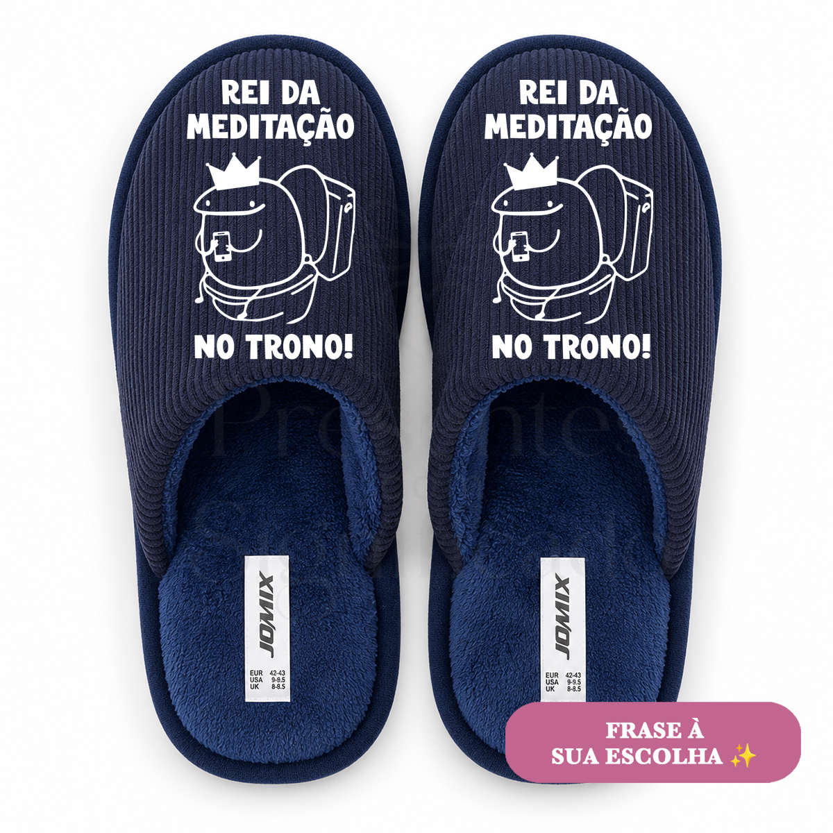 Chinelos de homem azuis bombazina (sola de borracha) Pantufas azuis com frase humorística e desenho de personagem