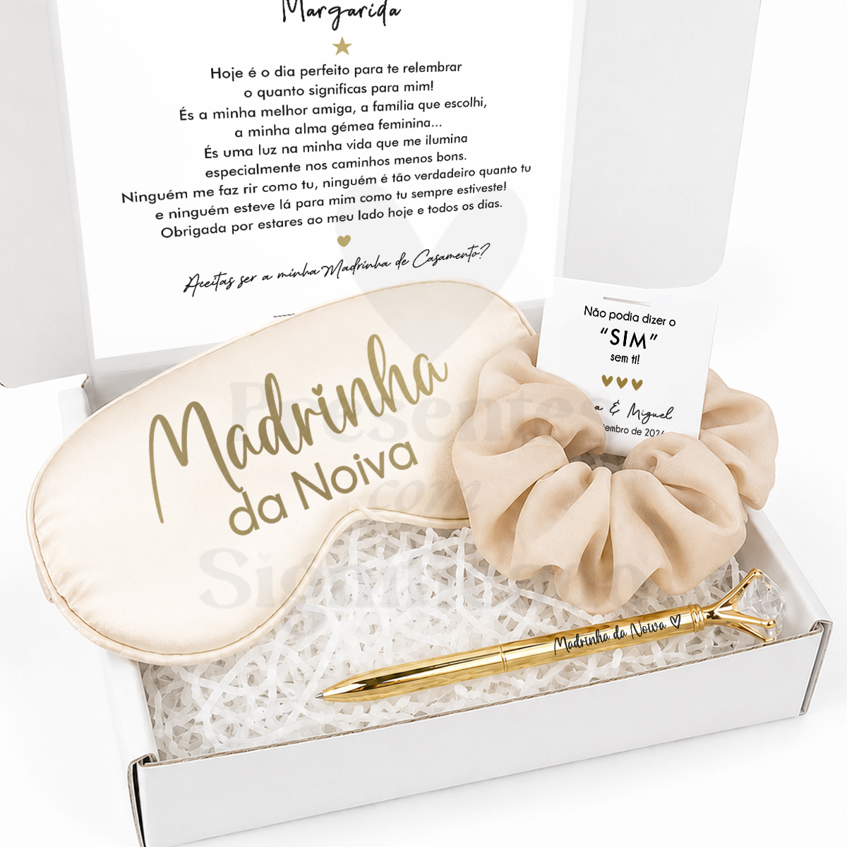 Gift box Feminina (convite) Conjunto de presente para madrinha da noiva com máscara de dormir, elástico e caneta dentro de caixa branca