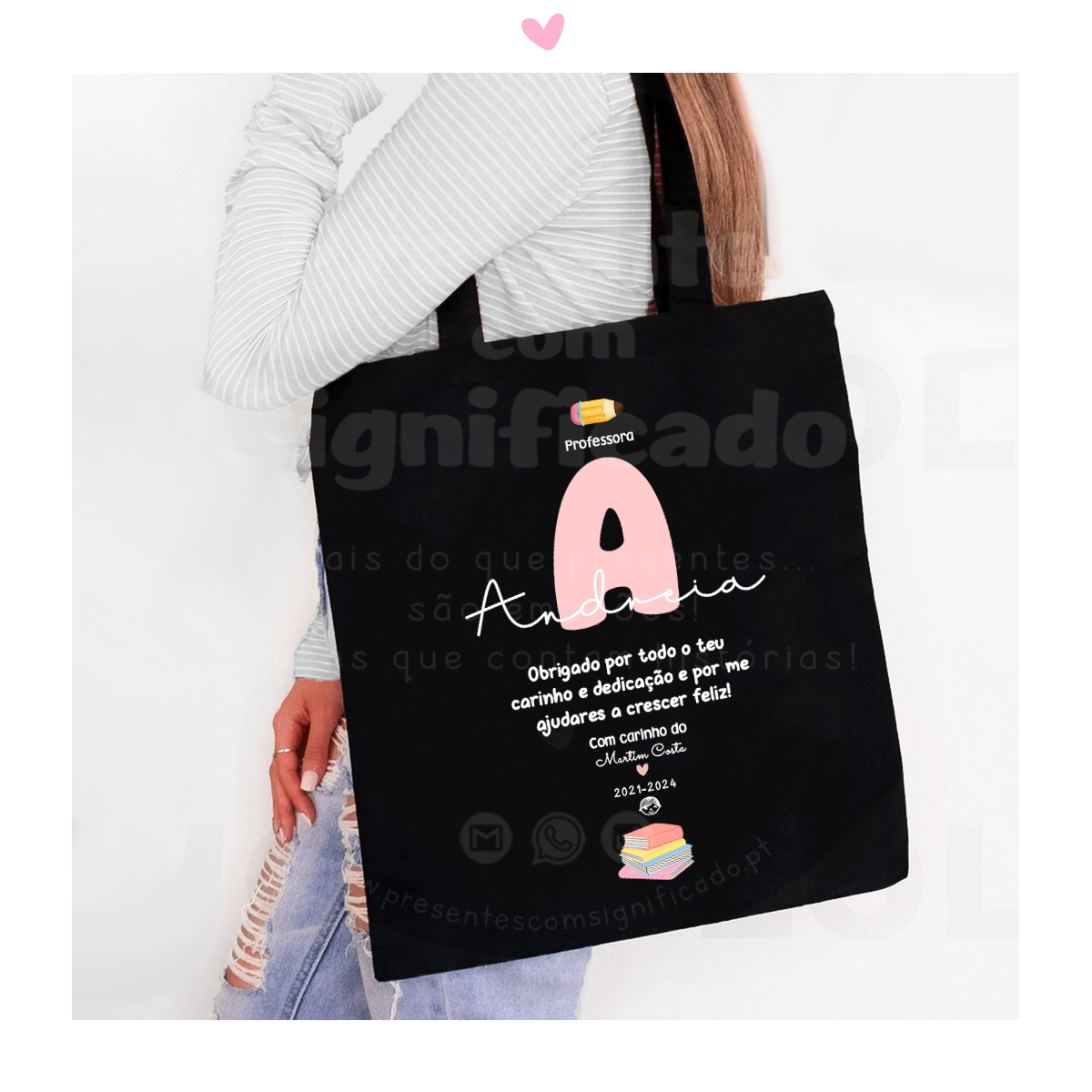 Saco/tote bag Saco de tecido preto com texto e ilustrações coloridas para professores