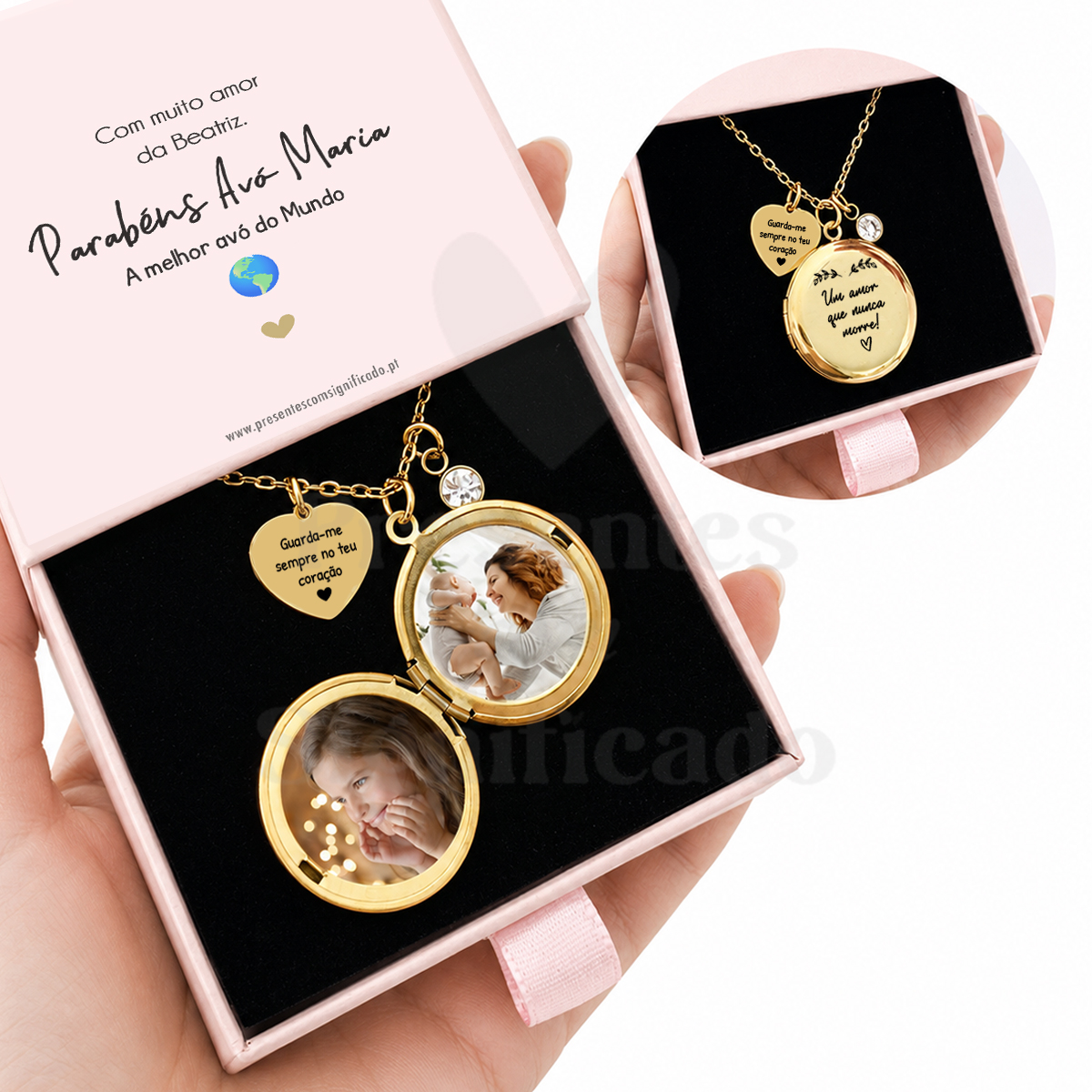 Colar aço inox. medalhão redondo dourado Colar porta-fotos dourado com pendente de coração e caixa rosa