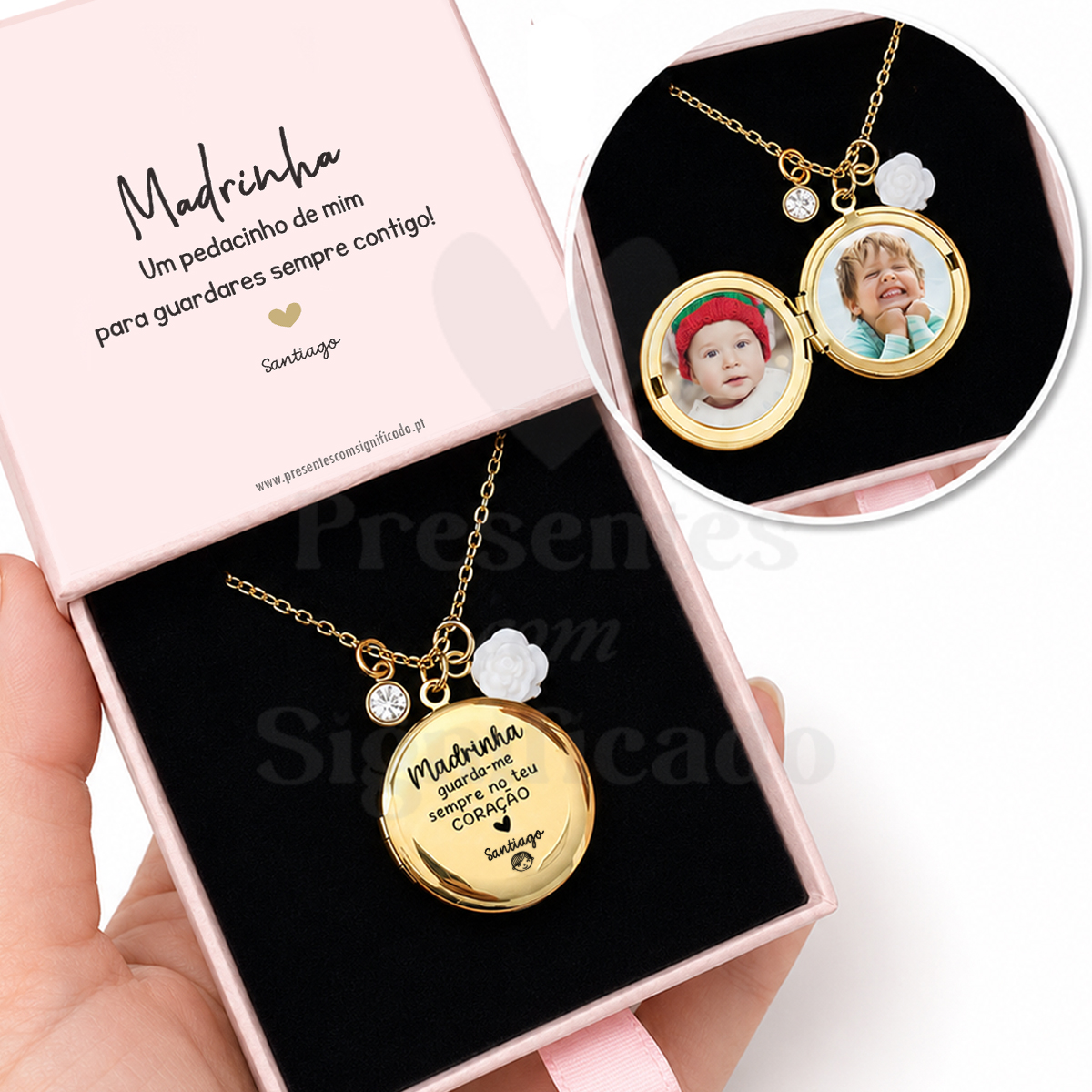 Colar aço inox. medalhão redondo dourado Colar medalhão dourado personalizado com fotos e mensagem para madrinha na caixa rosa