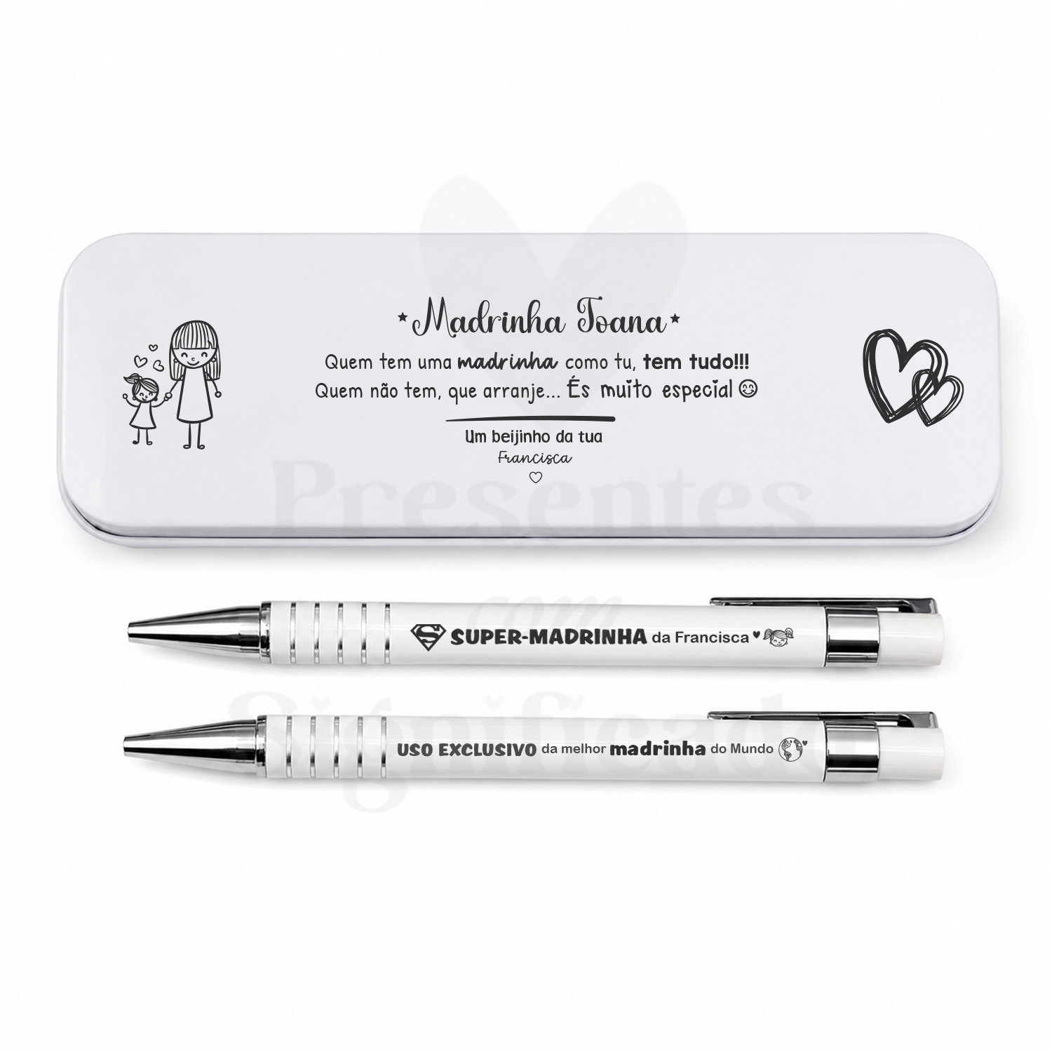 Estojo c/ caneta e lapiseira Estojo metálico branco com canetas personalizadas para madrinha