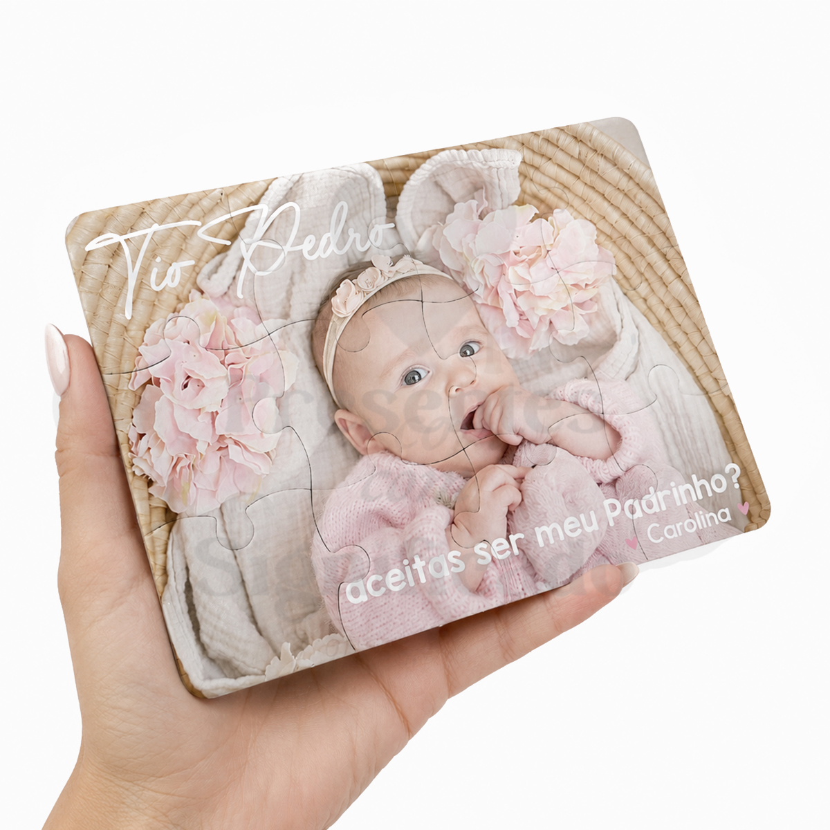 Puzzle convite personalizado com foto e texto Puzzle pequeno com imagem de bebé e texto convite para padrinho
