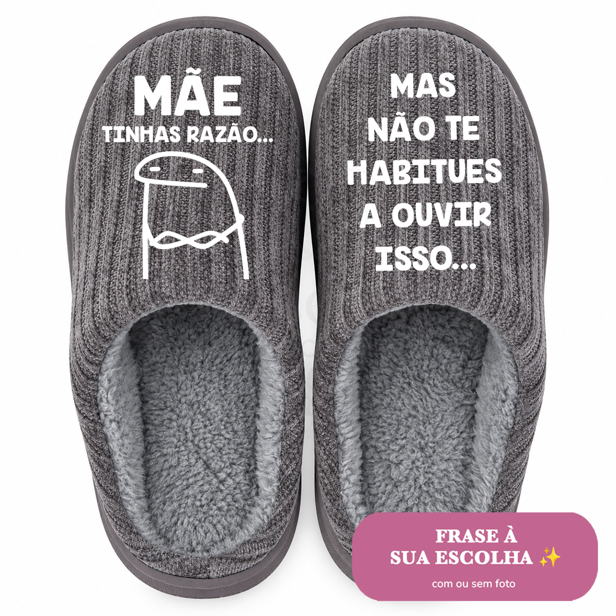 Chinelos de mulher cinzentos ultra acolchoados (sola alta de borracha) Pantufas cinzentas com texto em português