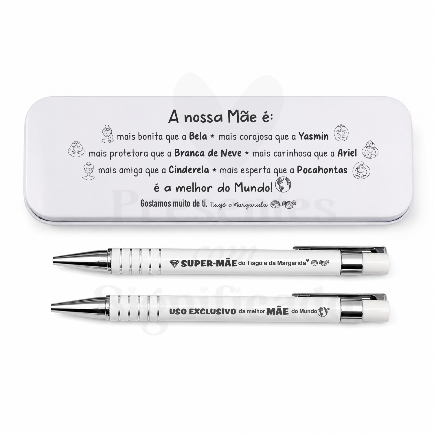 Estojo c/ caneta e lapiseira Estojo metálico branco com texto e duas canetas brancas com texto