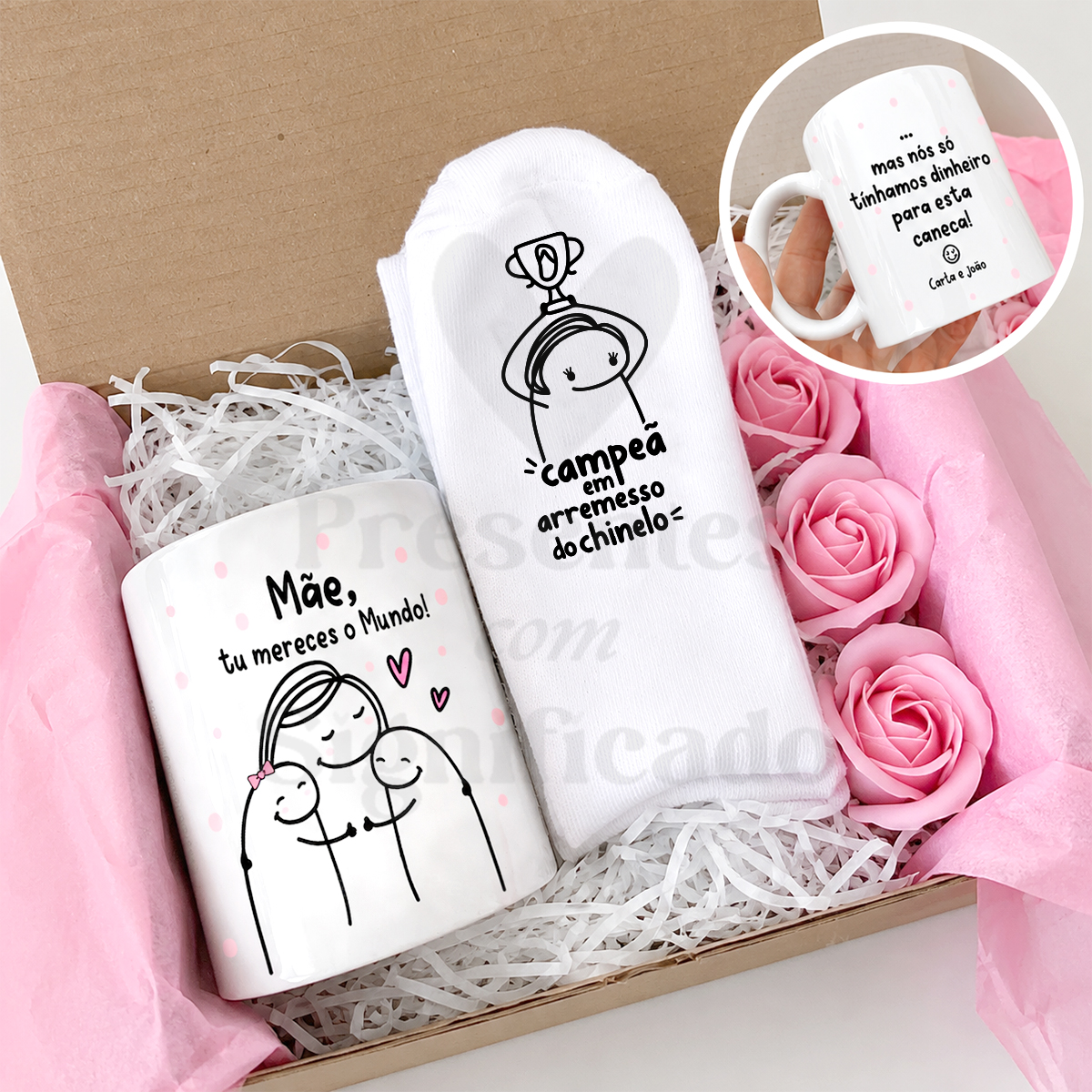 Gift box Feminina - Caneca + meias Conjunto de oferta com caneca e meias dentro de caixa decorada com flores cor-de-rosa
