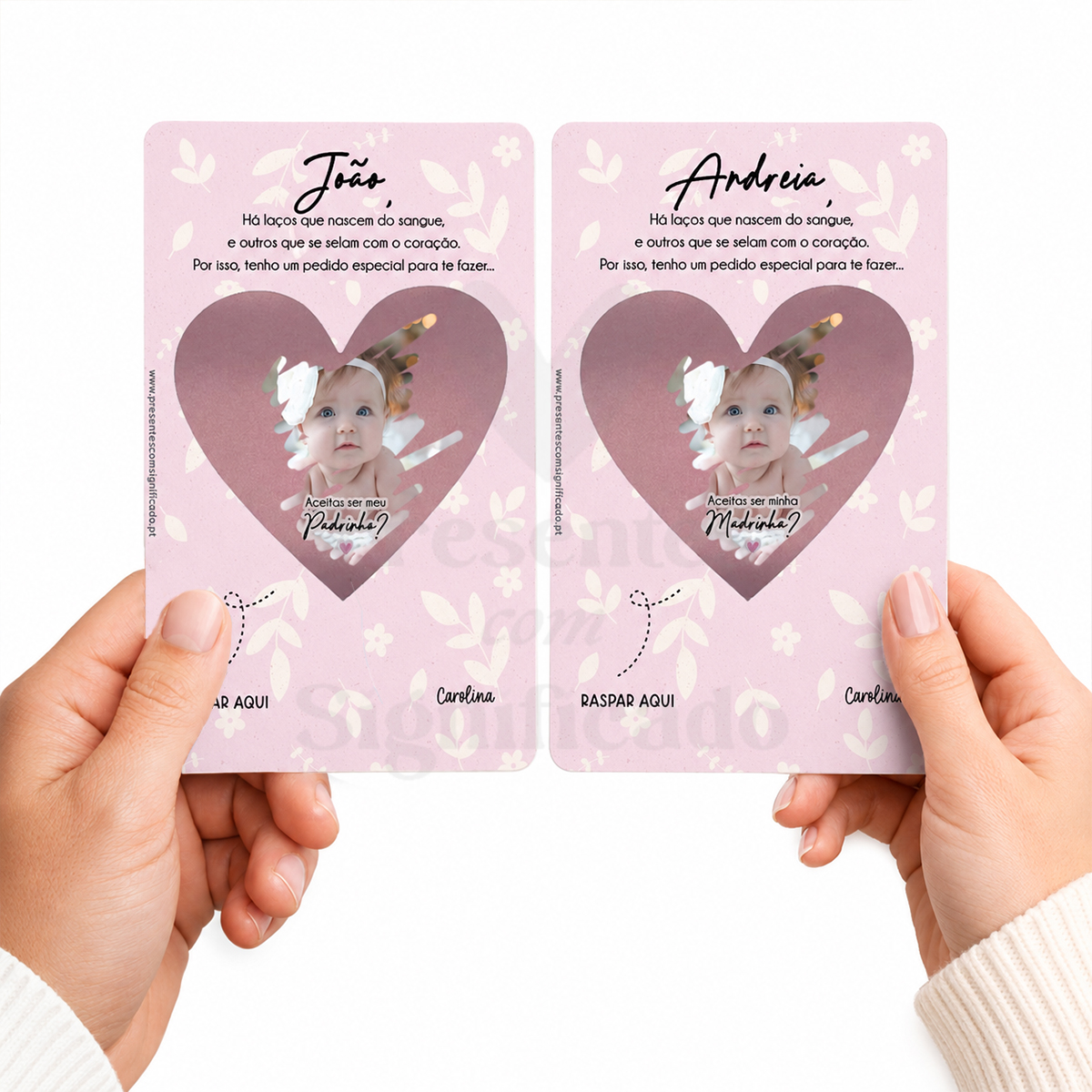 Convite Raspadinha (Bebé a chegar c/ foto ou eco) Cartas cor-de-rosa com foto de bebé e pedido para padrinho e madrinha