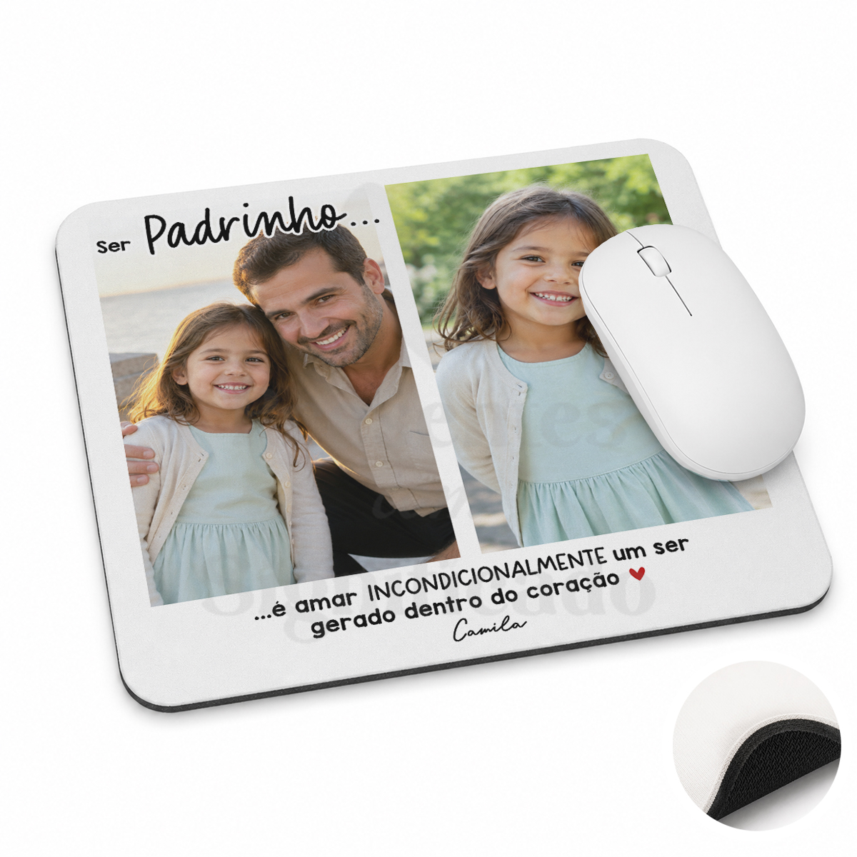 Tapete de rato - Ser Padrinho é amar incondicionalmente um ser gerado dentro do coração Mousepad personalizado com fotos de menina e homem e texto em português