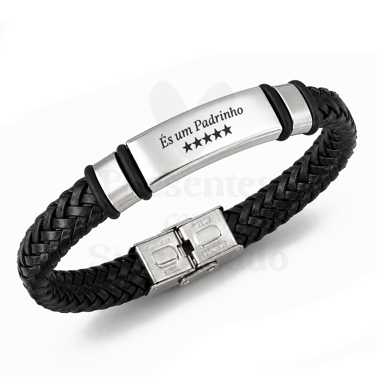 Pulseira masculina em couro e aço (preto) Pulseira masculina de couro preto trançado com placa de aço inoxidável com texto gravado.
