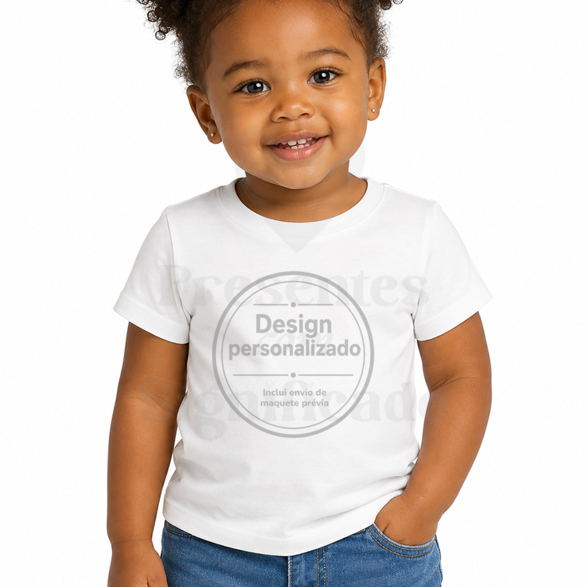 T-shirt criança personalizada Camiseta branca personalizada para criança com texto em cinza