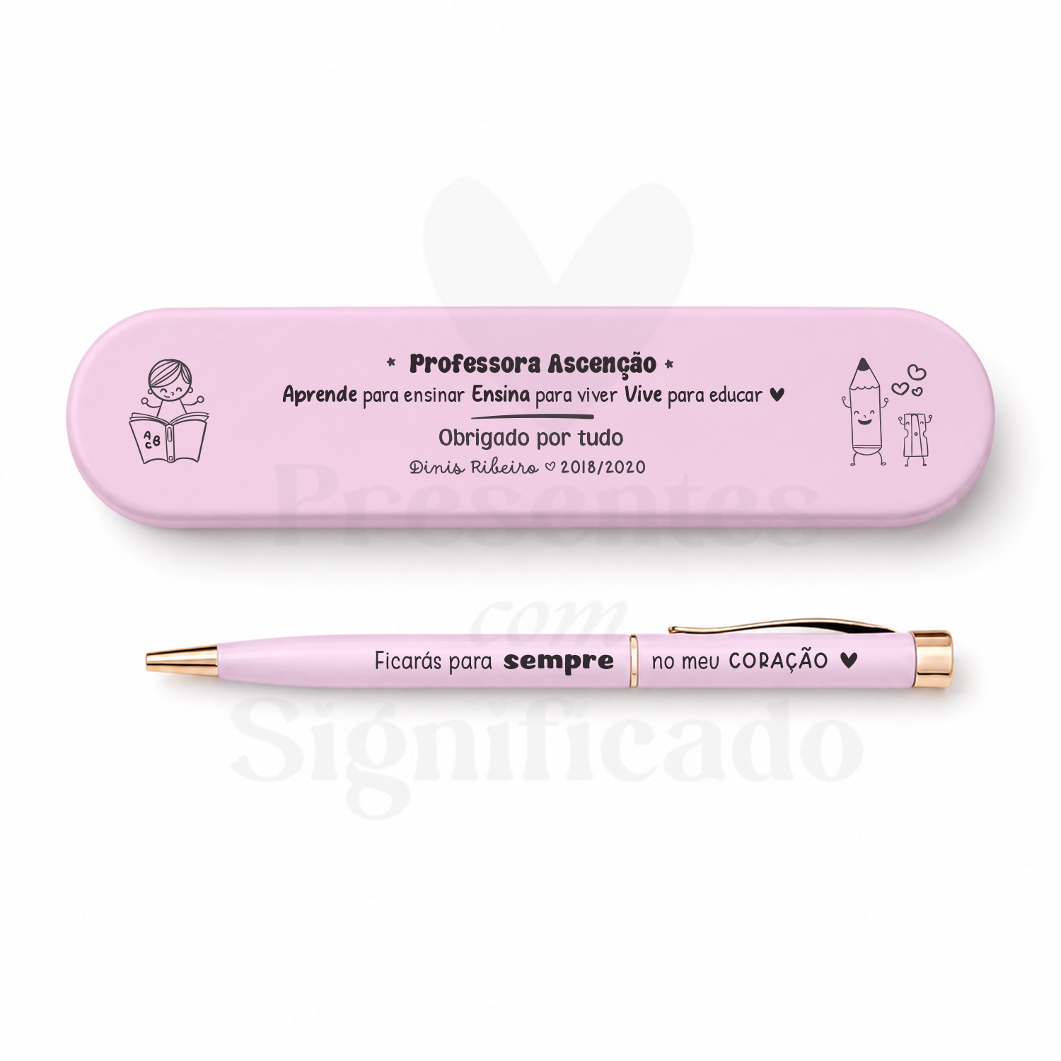 Estojo em latão c/ caneta (rosa claro) Estojo cor-de-rosa com texto para professora e caneta rosa gravada