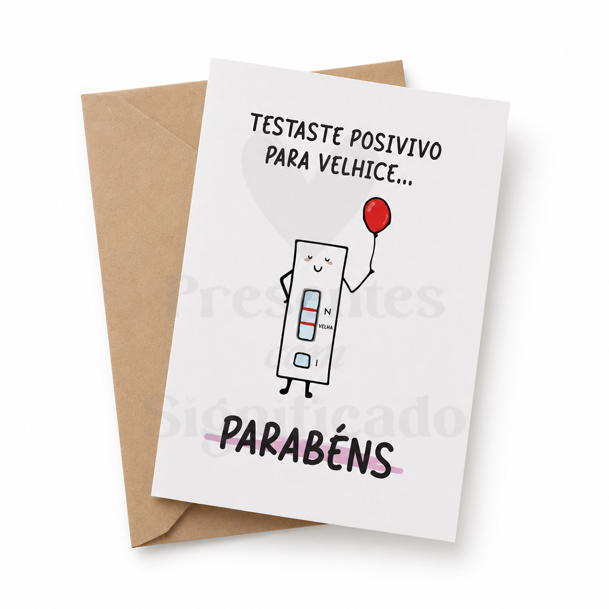 Postal de aniversário - Testaste positivo Cartão ilustrativo com teste rápido e texto em português