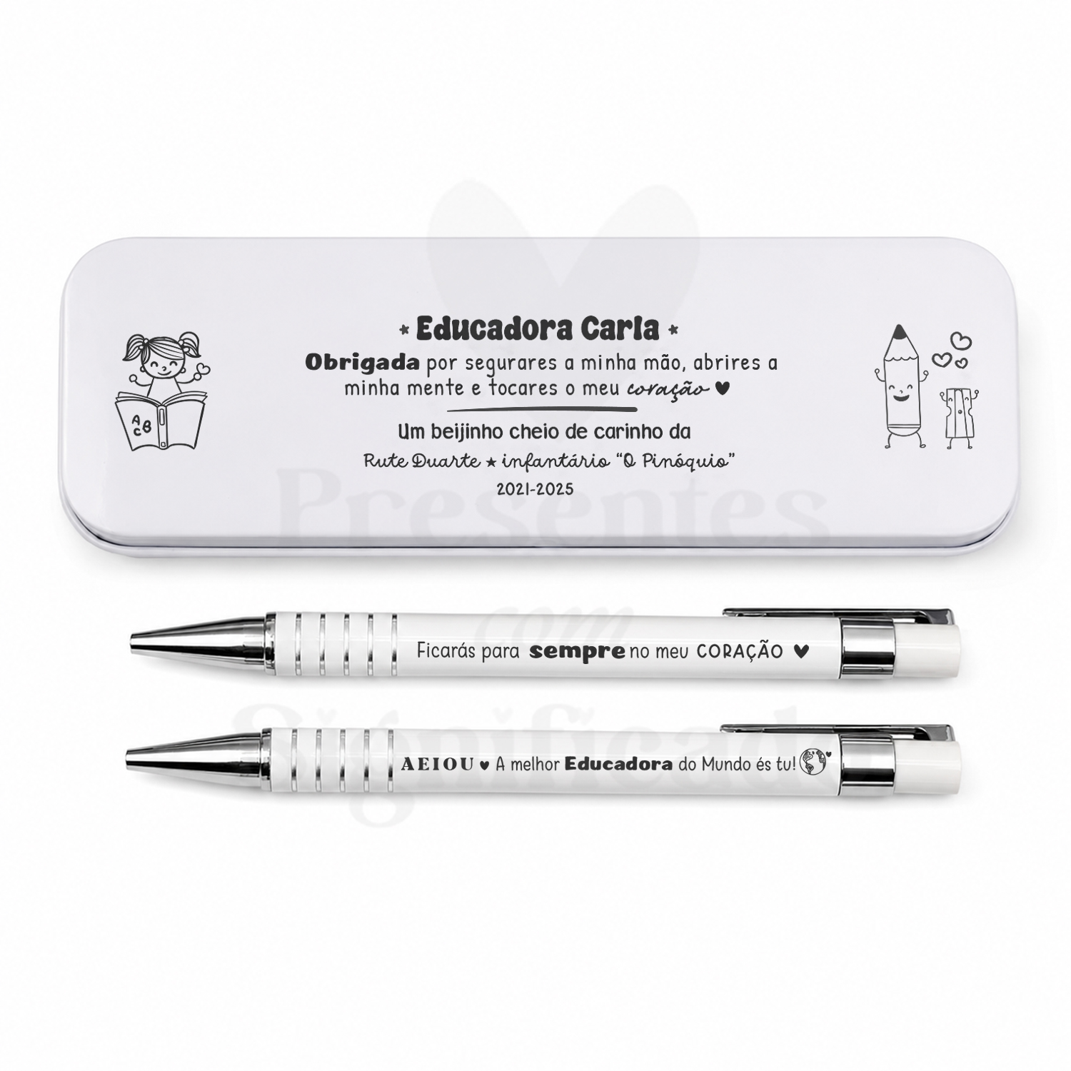 Estojo c/ caneta e lapiseira Estojo metálico branco e duas canetas brancas com frases personalizadas para educadora