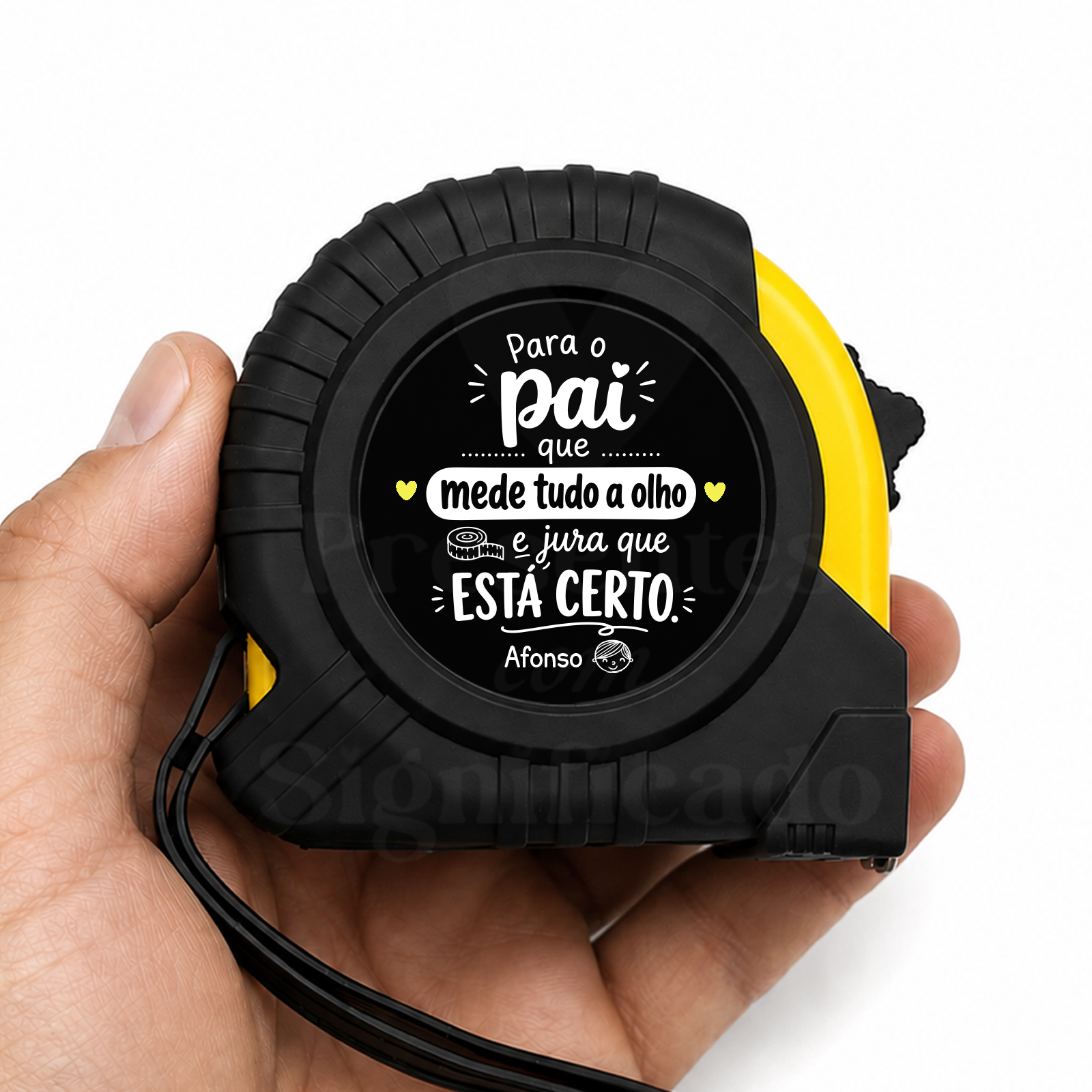 Fita métrica personalizada Trena preta e amarela com texto para pai em fundo branco