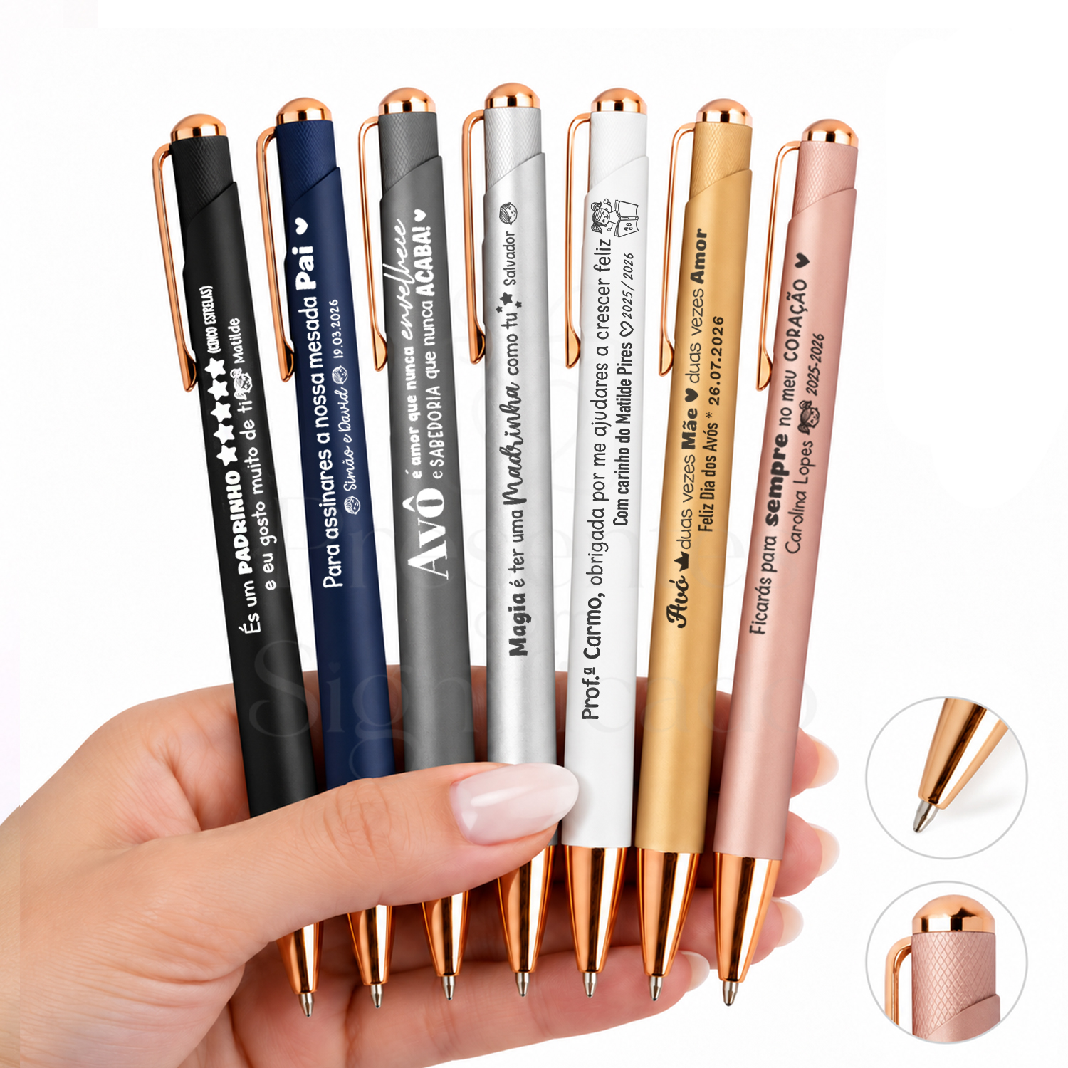Caneta Personalizada em Metal com Detalhes Rosa Gold Conjunto de canetas metálicas coloridas com texto em português para presentes personalizados