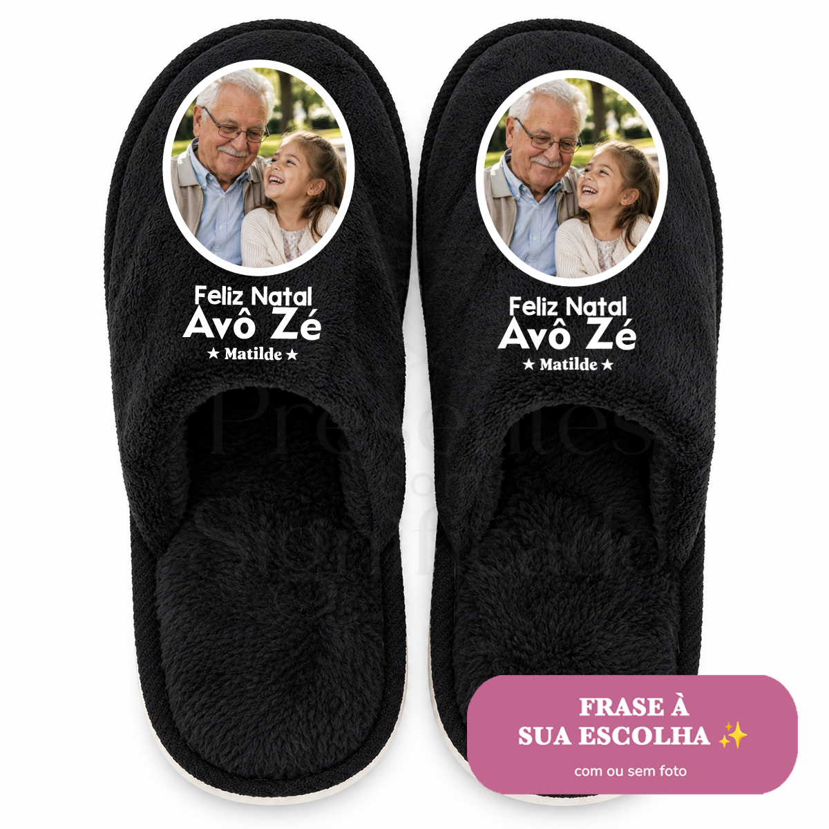 Chinelos de homem pretos (sola de borracha) Chinelos pretos com foto de avô e neta e texto de Natal personalizado