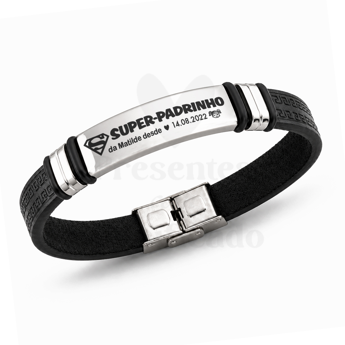 Pulseira masculina em couro e aço (preto) Pulseira preta com placa metálica gravada com texto para super padrinho