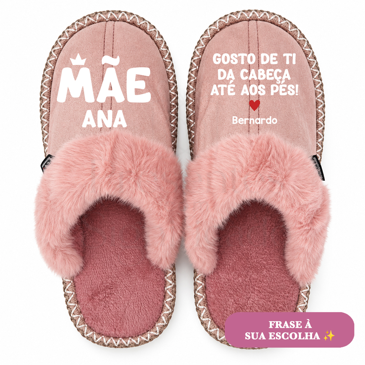 Chinelos de mulher rosa com costuras e barra (sola de borracha) Chinelos rosa com pelúcia e texto personalizado para mãe Ana