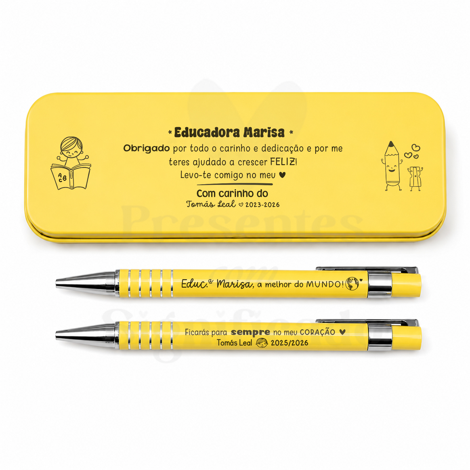 Estojo c/ caneta e lapiseira Estojo metálico amarelo com texto para educadora e duas esferográficas amarelas personalizadas