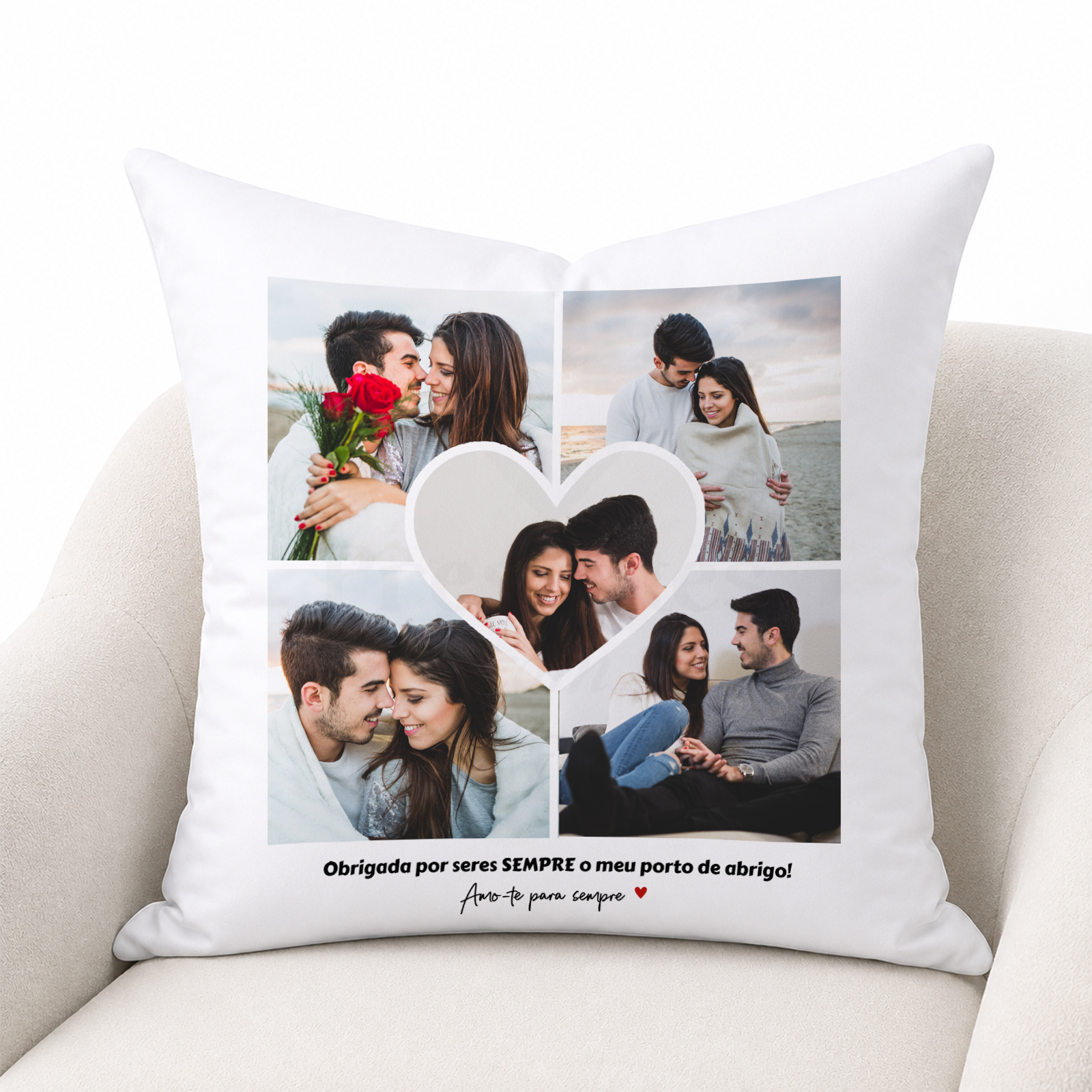 Fronha/Almofada - Amor Almofada branca personalizada com fotos de casal e texto em português.