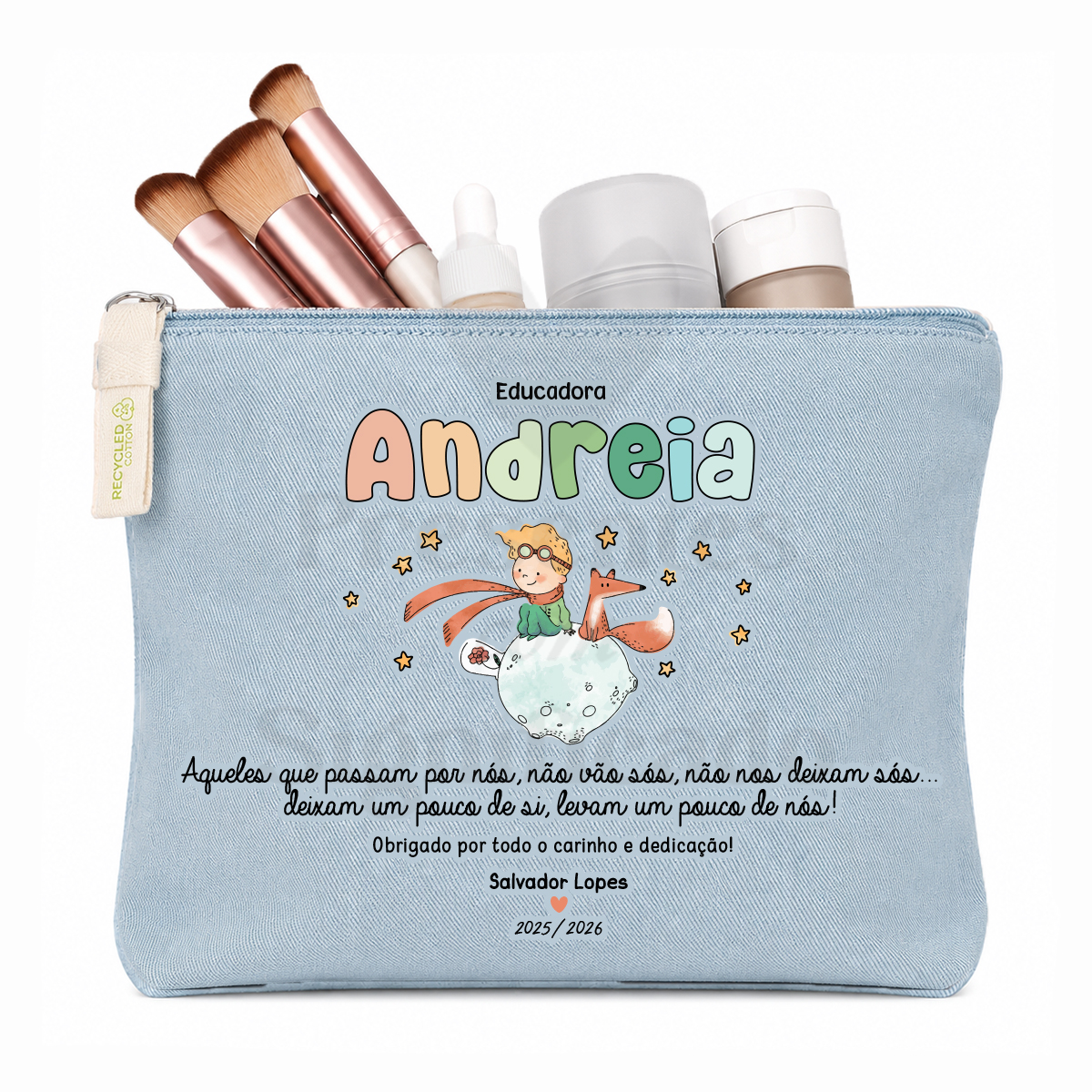 Bolsa de algodão (design Principezinho) Necessaire azul claro com ilustração infantil e texto em português.