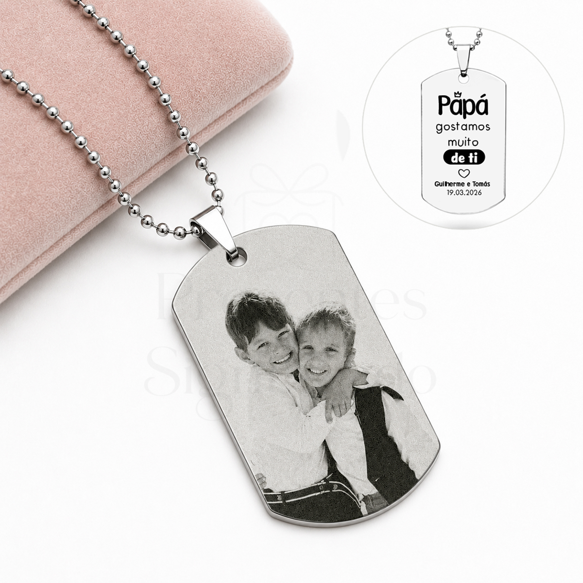 Colar chapa militar com foto-gravação Colar com pendente metálico prateado com imagem gravada de duas crianças
