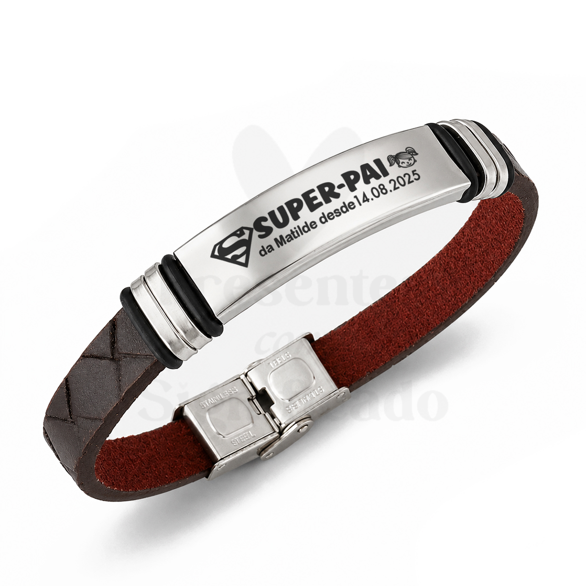 Pulseira masculina em couro e aço (castanho escuro) Pulseira de couro castanho com placa metálica prateada gravada com texto de presente para pai