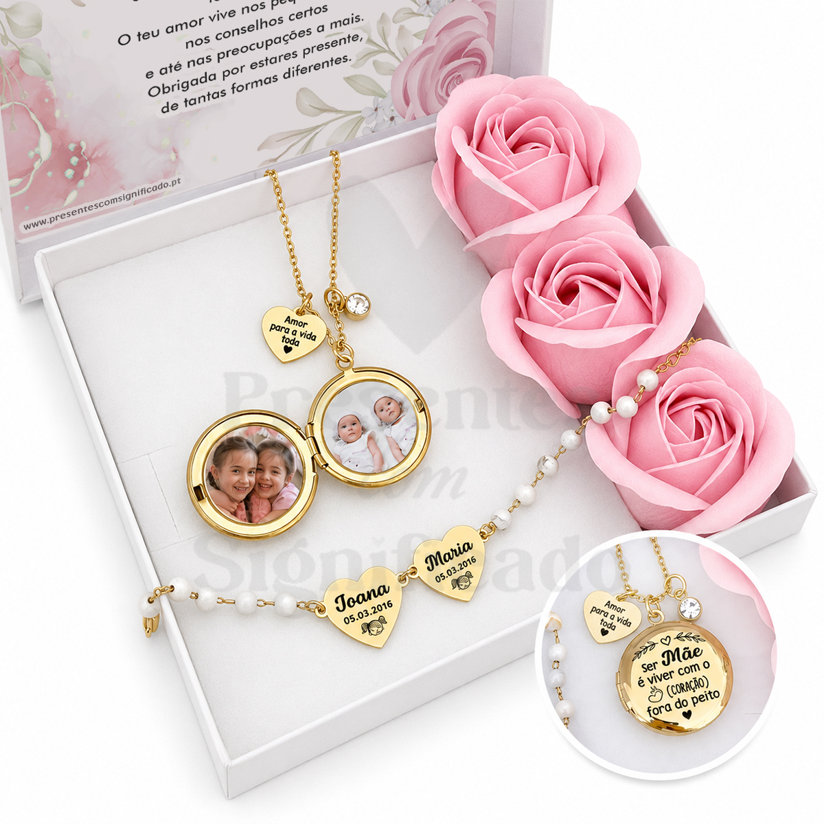 Gift box Feminina - Medalhão + pulseira Conjunto de joias douradas com fotos, pendentes em forma de coração e pulseira de contas, numa caixa com três rosas artificiais cor-de-rosa