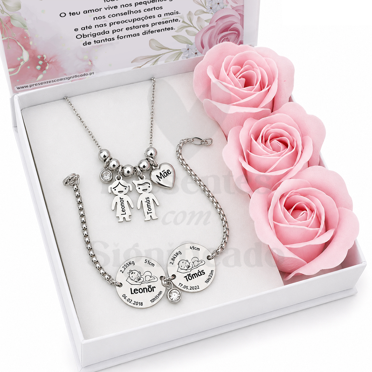 Gift box Feminina - Colar + pulseira Conjunto de joias em caixa branca com colar, pulseira e três rosas cor-de-rosa artificiais