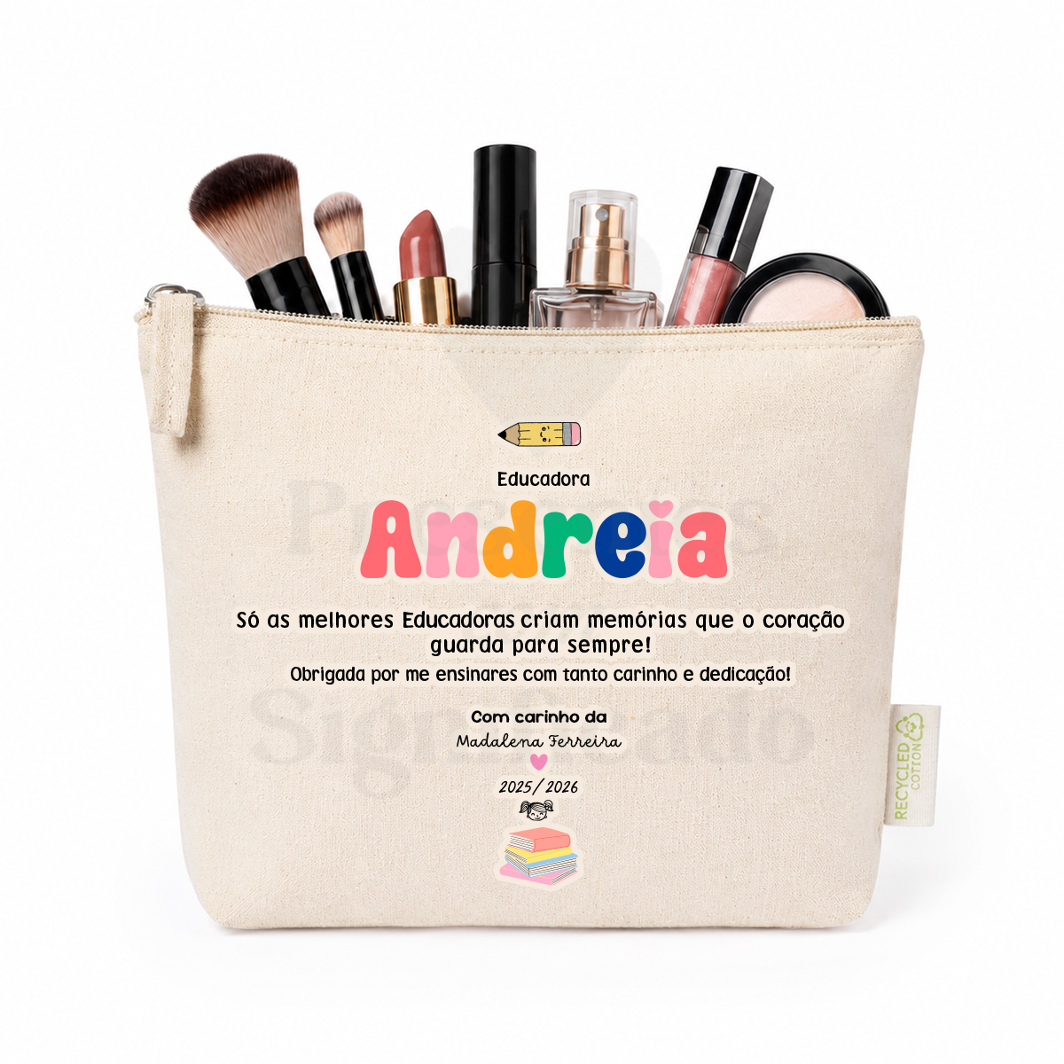 Bolsa de algodão - Professora/Educadora/Auxiliar Bolsa de maquilhagem com texto personalizado para educadora Andreia e diversos cosméticos