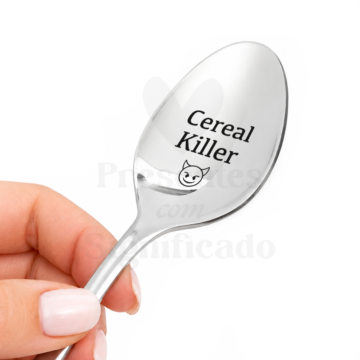 Colher - Cereal Killer Colher metálica com texto Cereal Killer e um ícone de cara sorridente com chifres