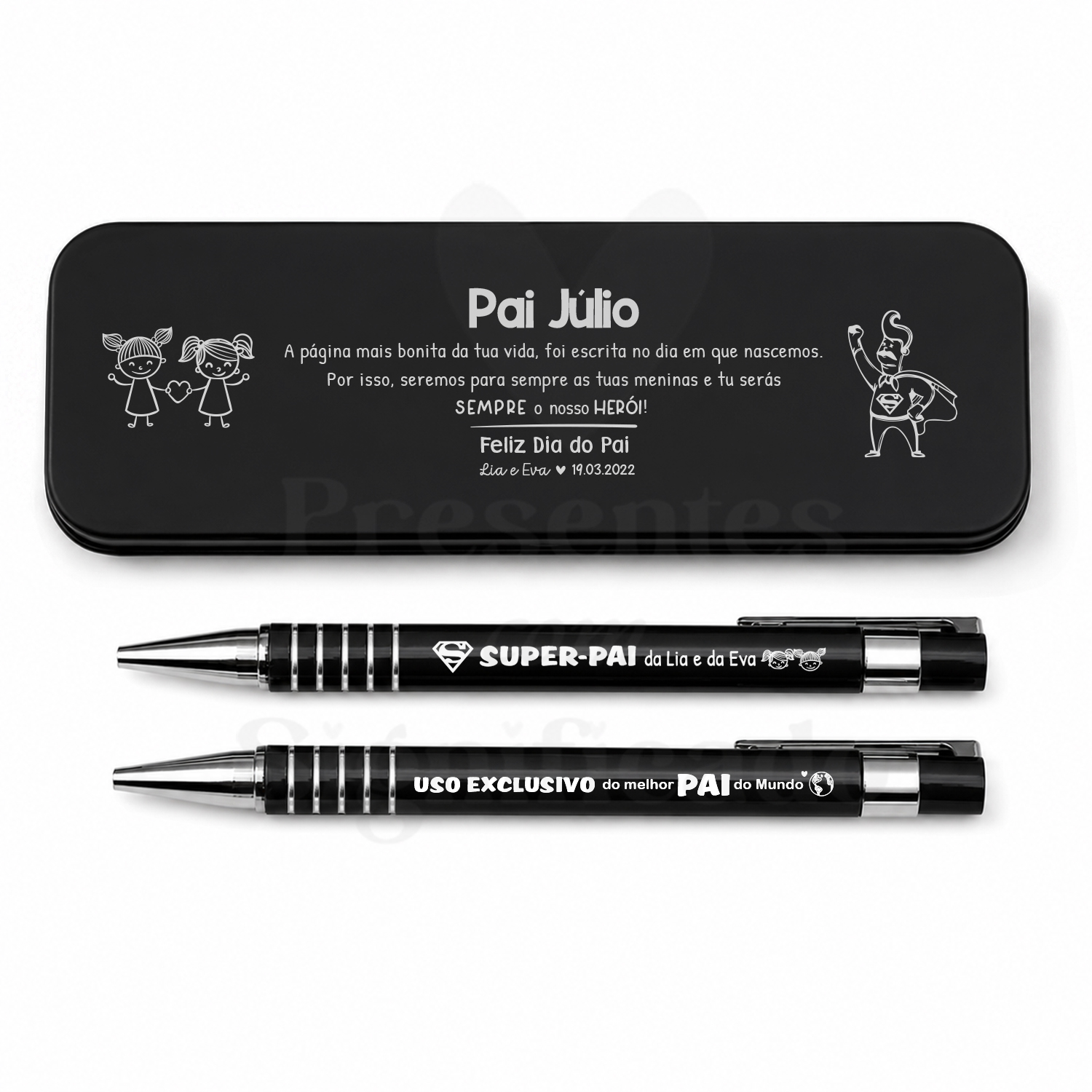 Estojo c/ caneta e lapiseira Estojo preto com texto personalizado para Pai Júlio e duas canetas personalizadas para o Dia do Pai.