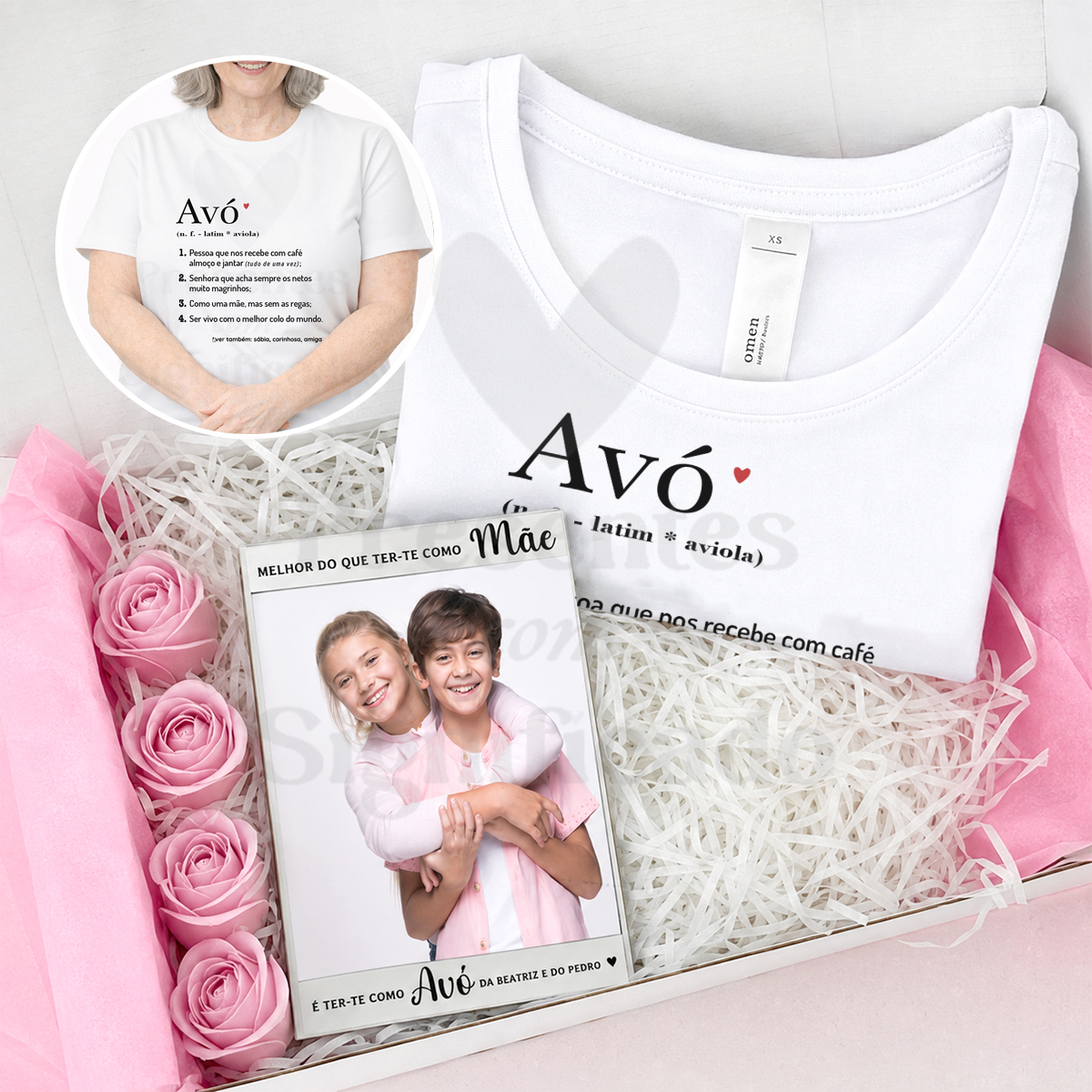 Gift box Feminina - Moldura + t-shirt Caixa presente com t-shirt branca escrita Avó e moldura com foto de duas crianças abraçadas